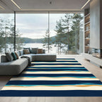 Modern Navy Blue Coastal Wave Stripe Rug