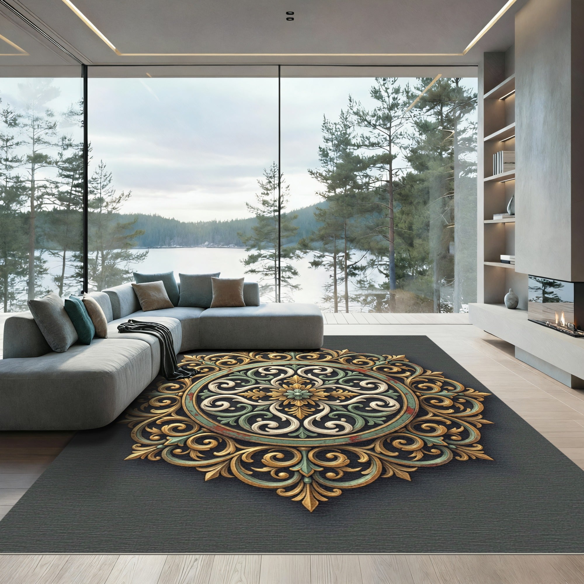 Ornate Sage And Gold Filigree Medallion Rug