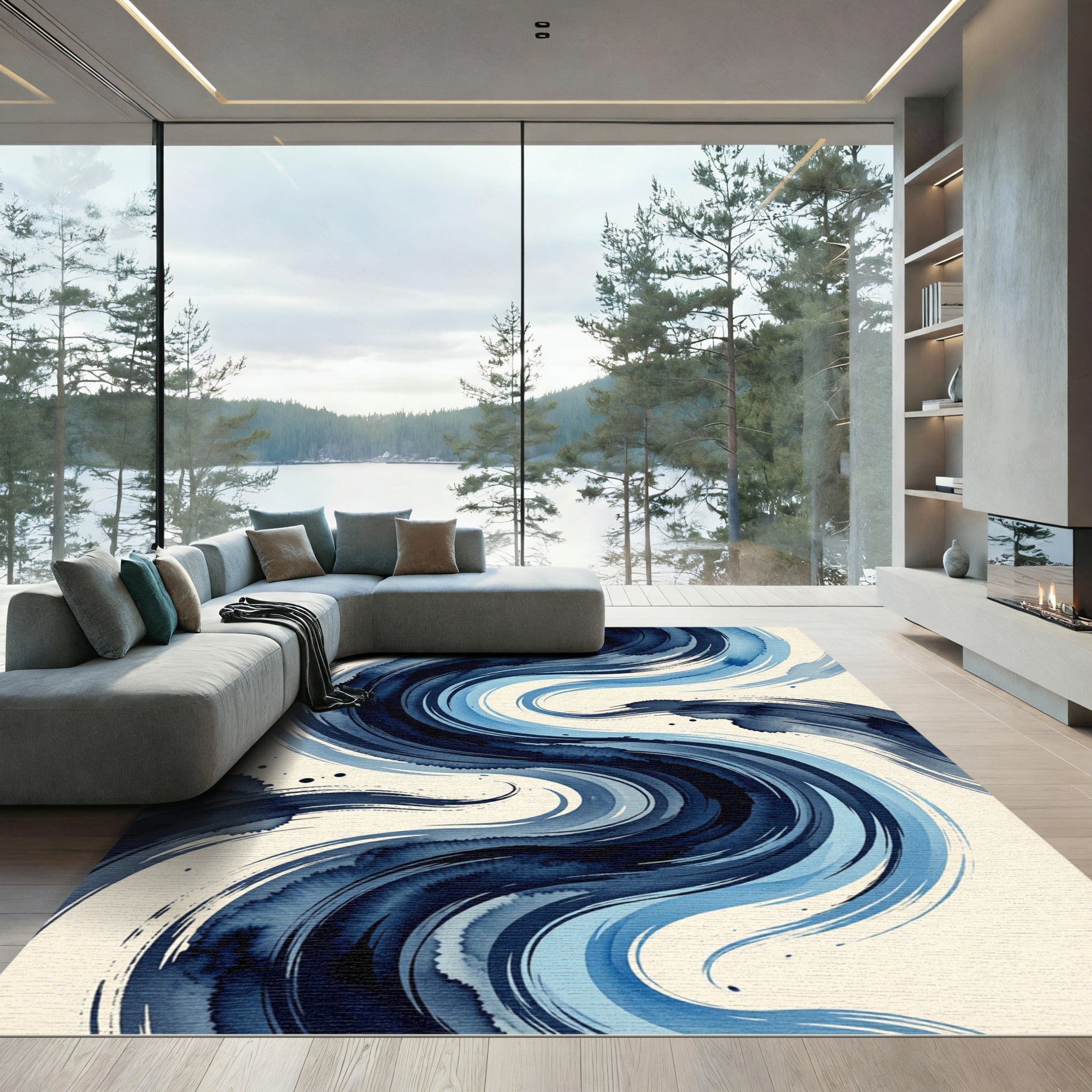 Deep Indigo Fluid Abstract Wave Rug