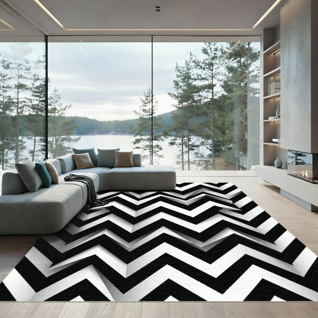 Monochrome Zigzag Geometric Optical Illusion Rug