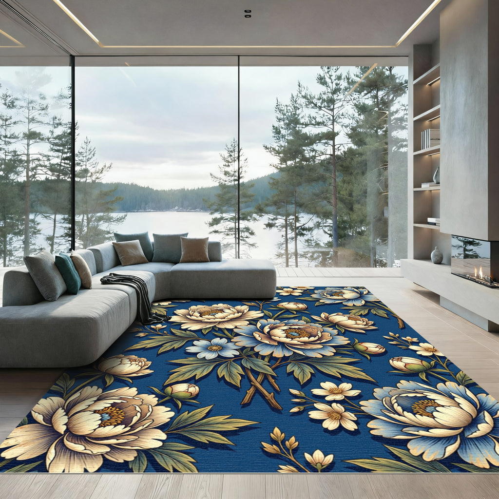 Peony Floral Blue Botanical Arrangement Rug