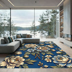 Peony Floral Blue Botanical Arrangement Rug