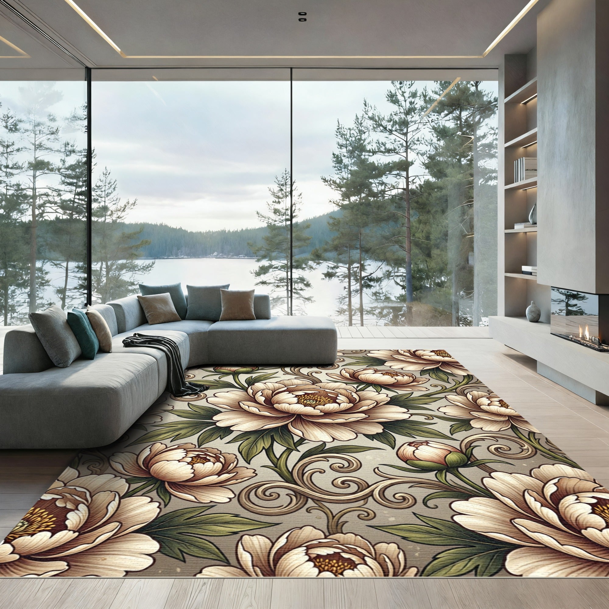 Elegant Cream Peony Floral Scrollwork Rug