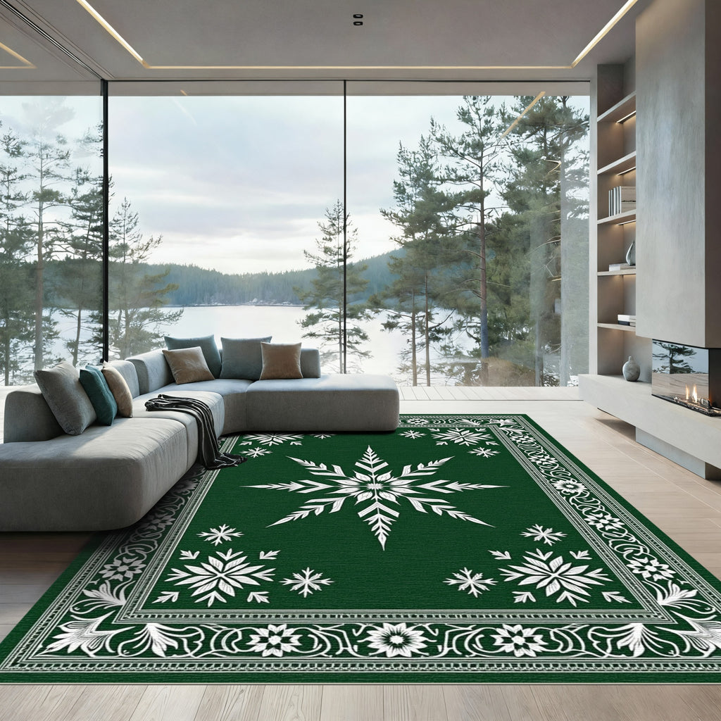 Deep Green Snowflakes Floral Border Rug