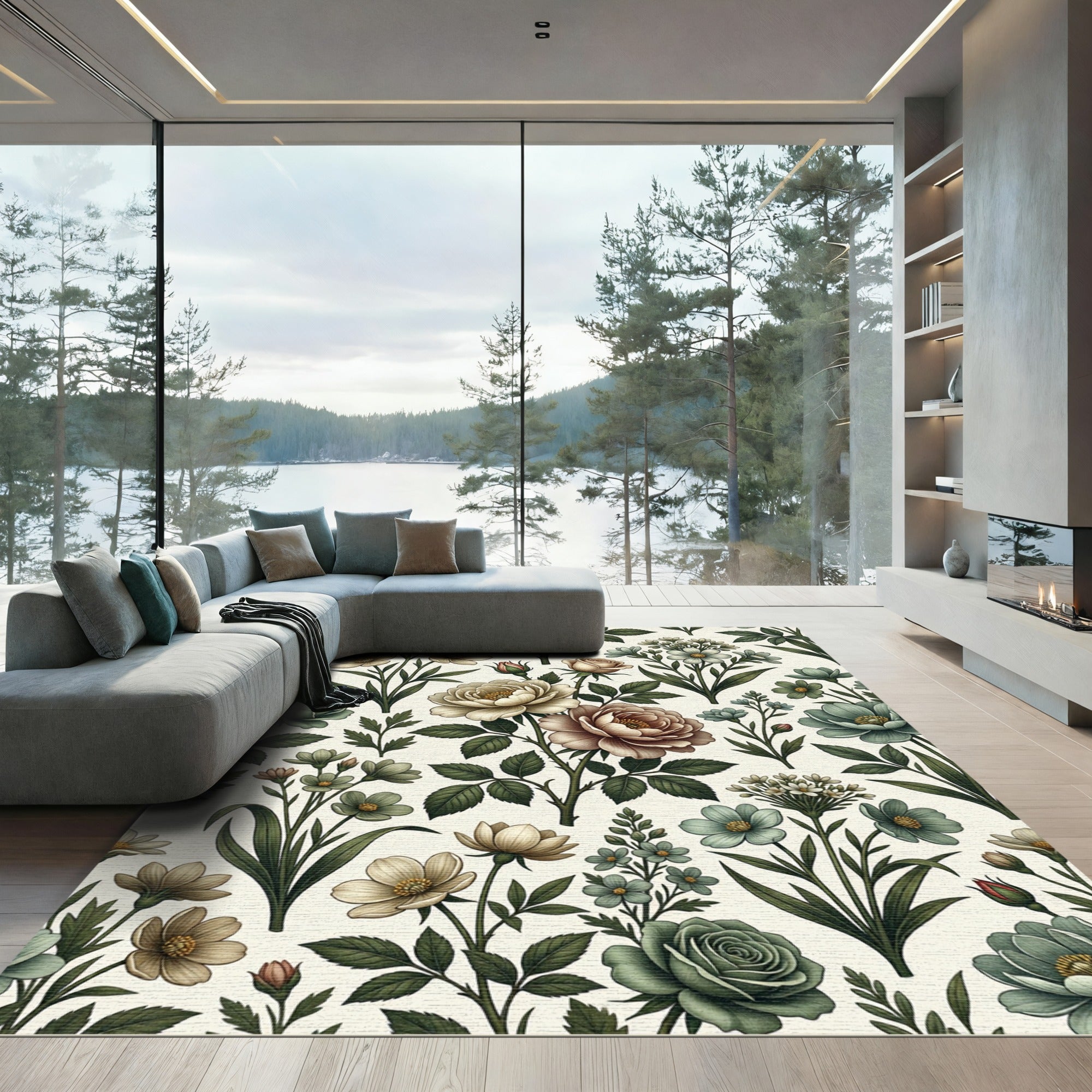 Vintage Botanical Cream Sage Floral Arrangement Rug