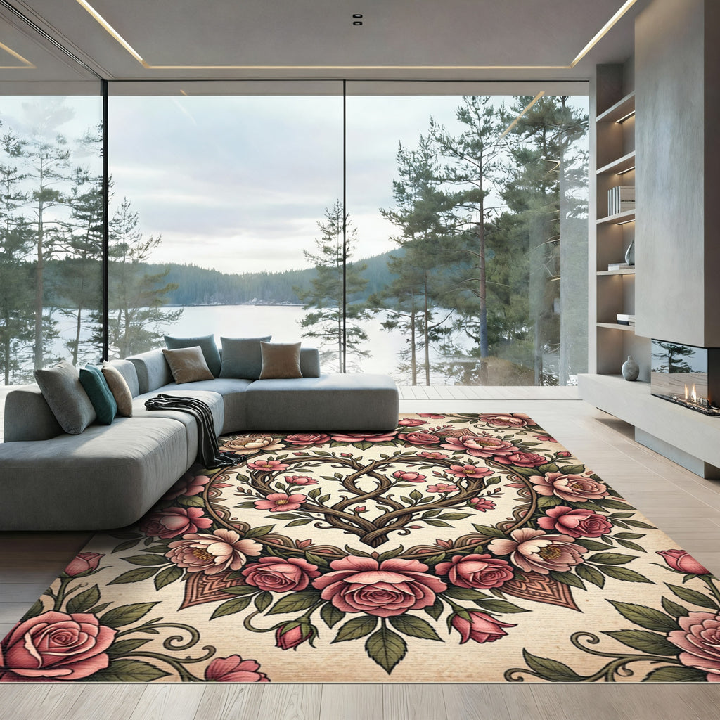 Romantic Pink Rose Heart Wreath Rug