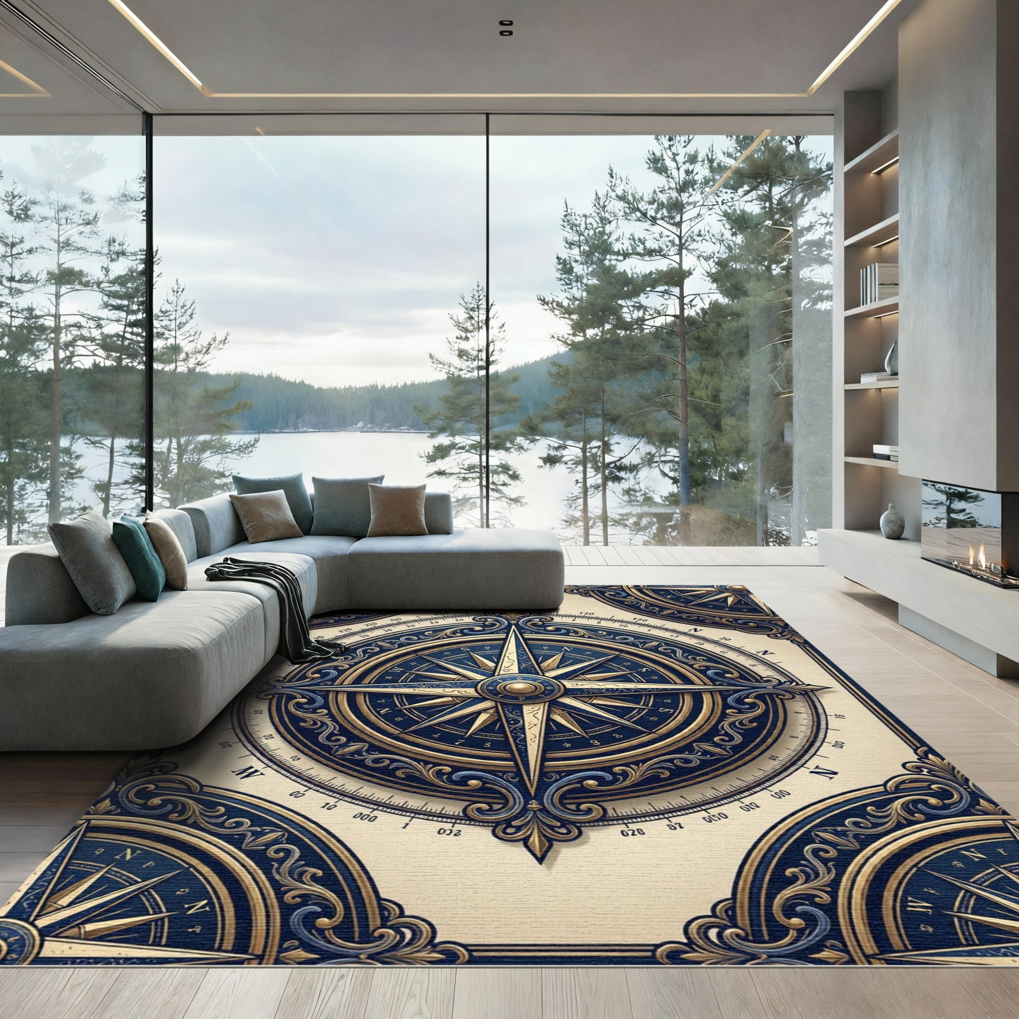 Golden Nautical Compass Navy Medallion Rug