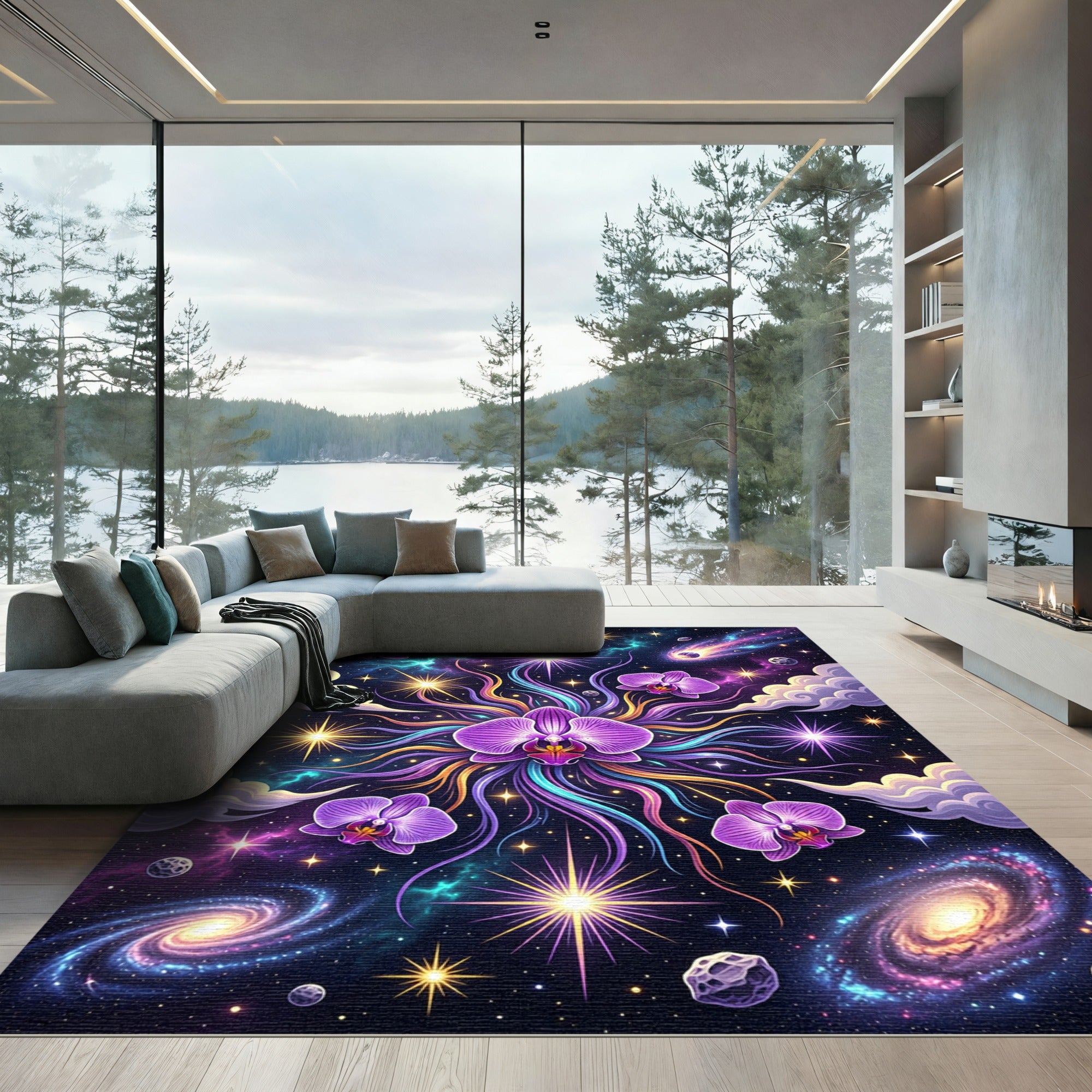 Vibrant Purple Orchid Galaxy Swirls Rug