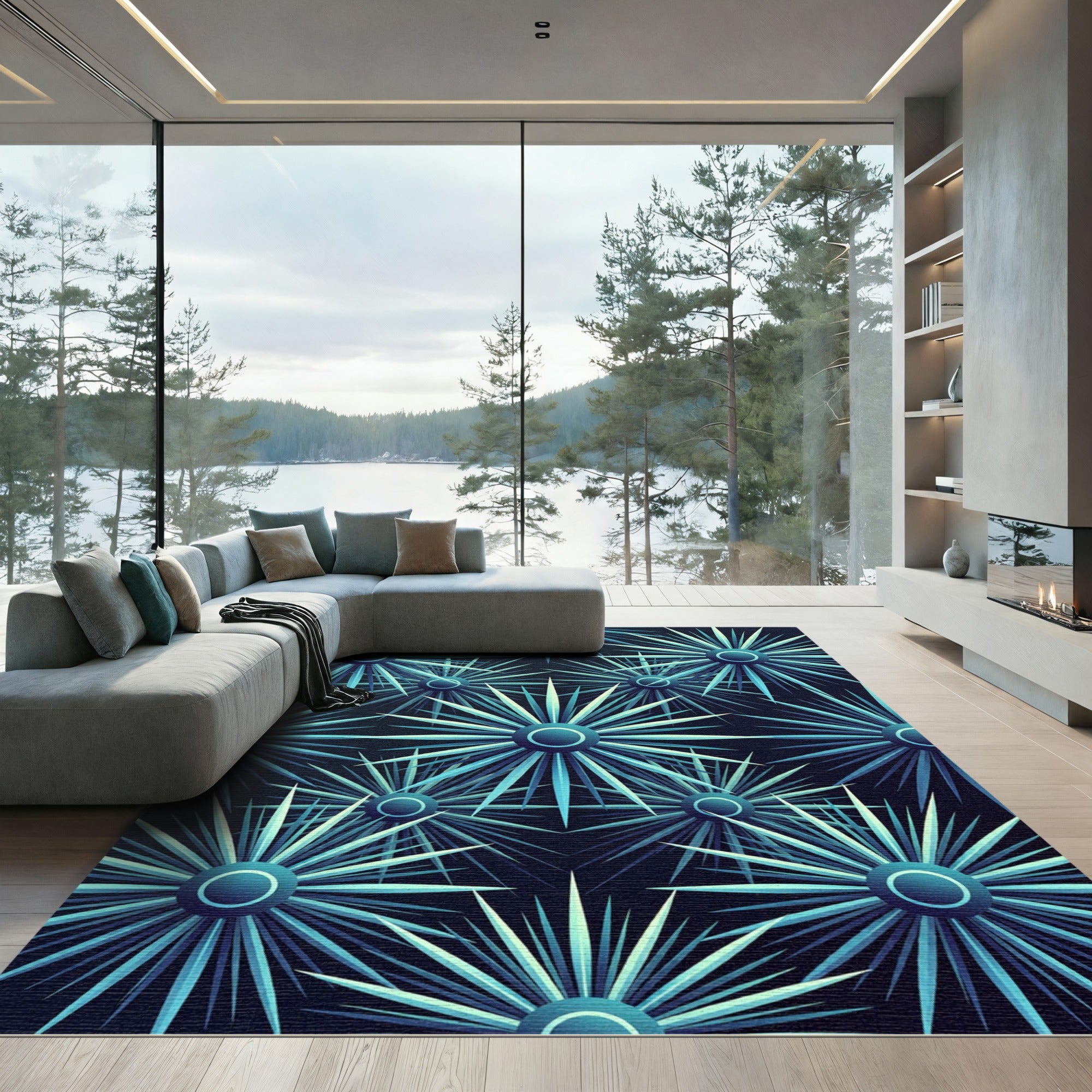 Deep Blue Starburst Geometric Rug