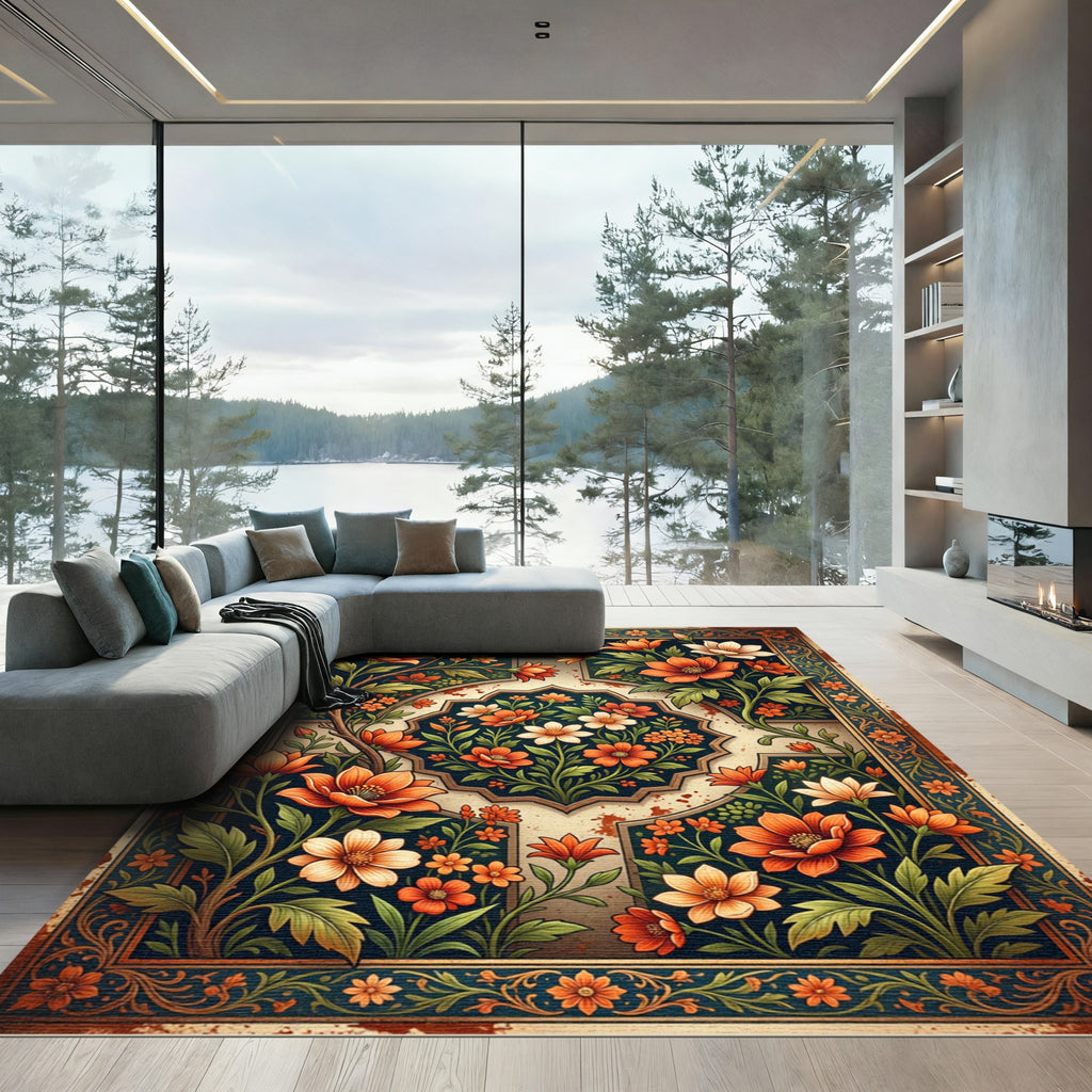 Floral Orange Sunset Medallion Art Rug