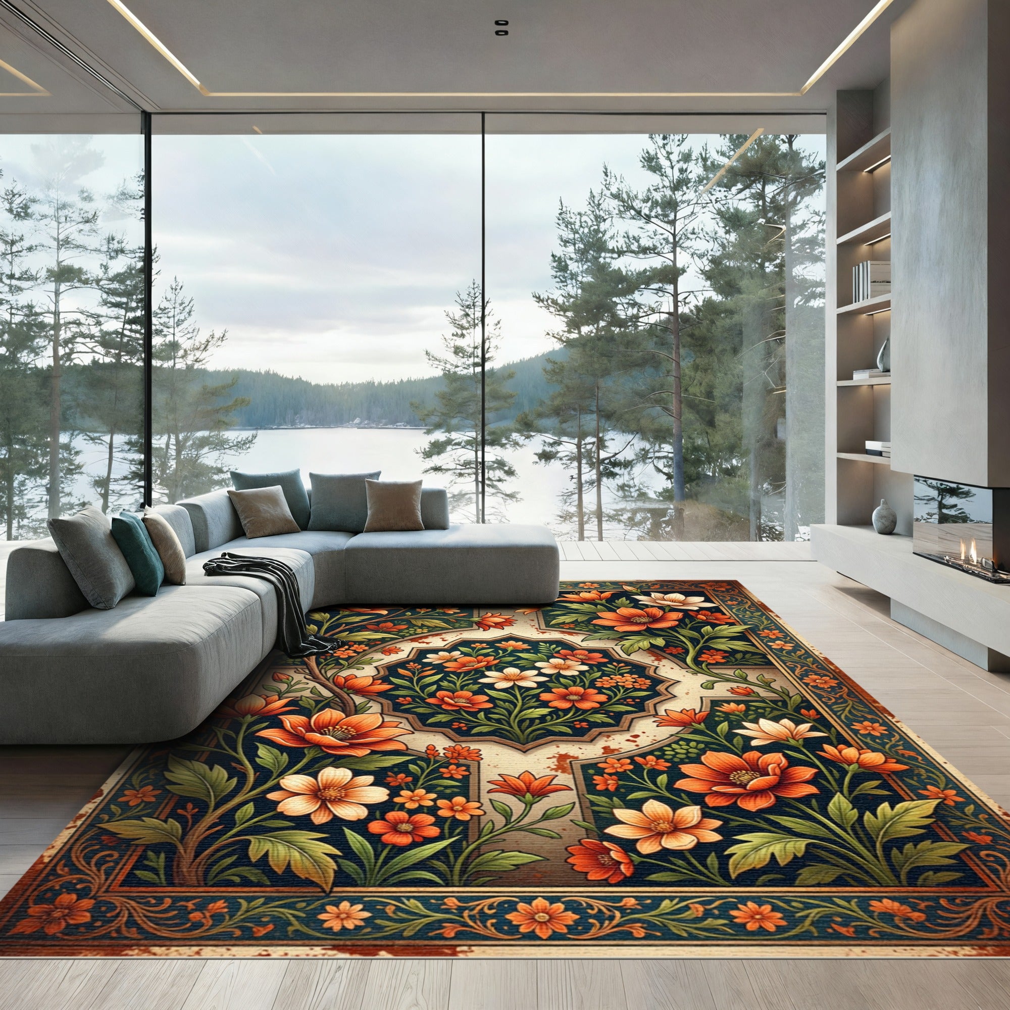 Floral Orange Sunset Medallion Art Rug