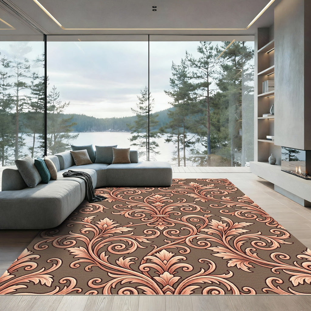 Rose Gold Baroque Scrollwork Ornament Rug
