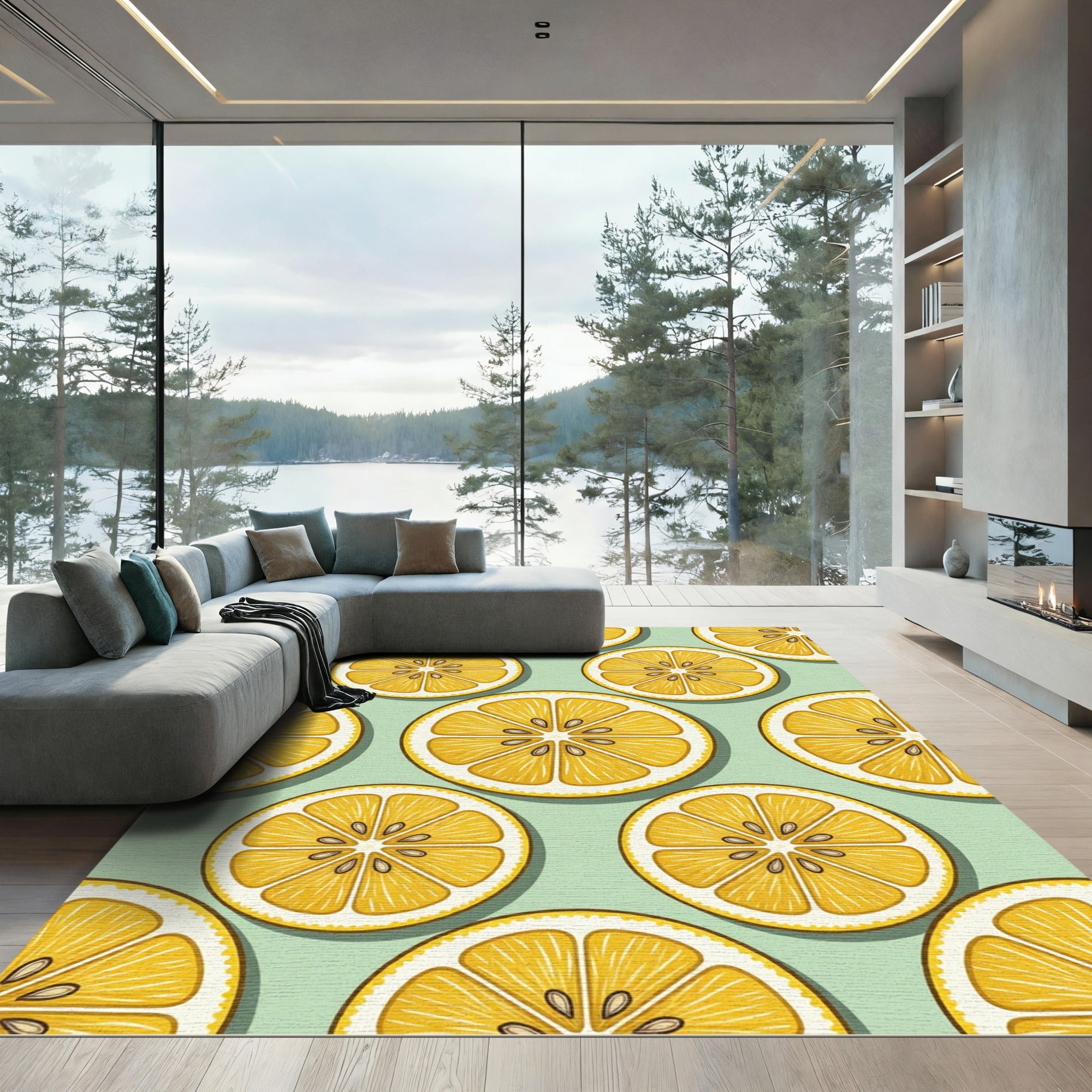 Fresh Lemon Slices on Mint Background Rug
