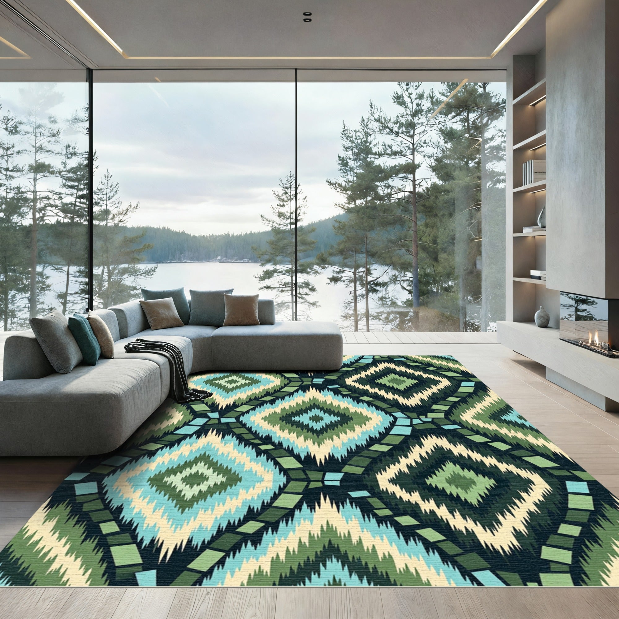 Green Blue Cream Diamond Stripe Rug
