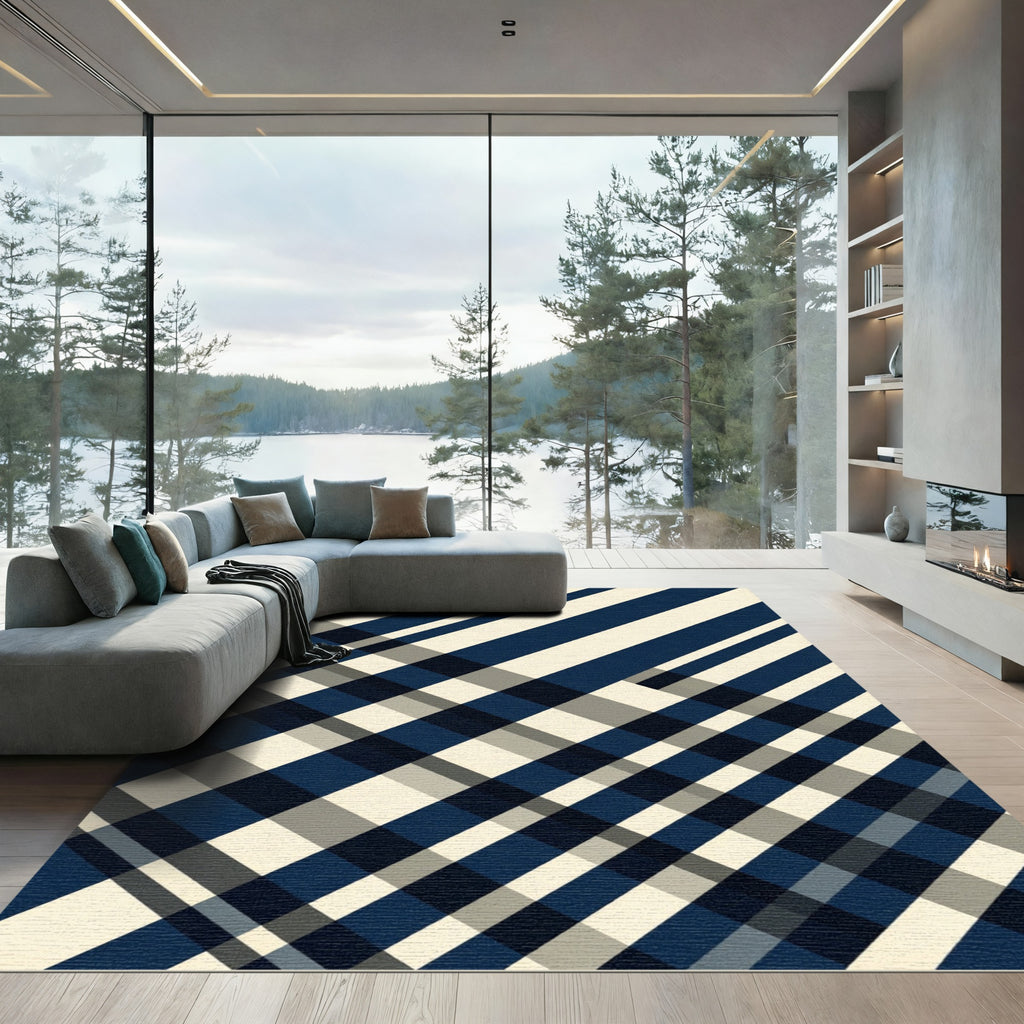 Modern Navy Cream Diagonal Plaid Rug
