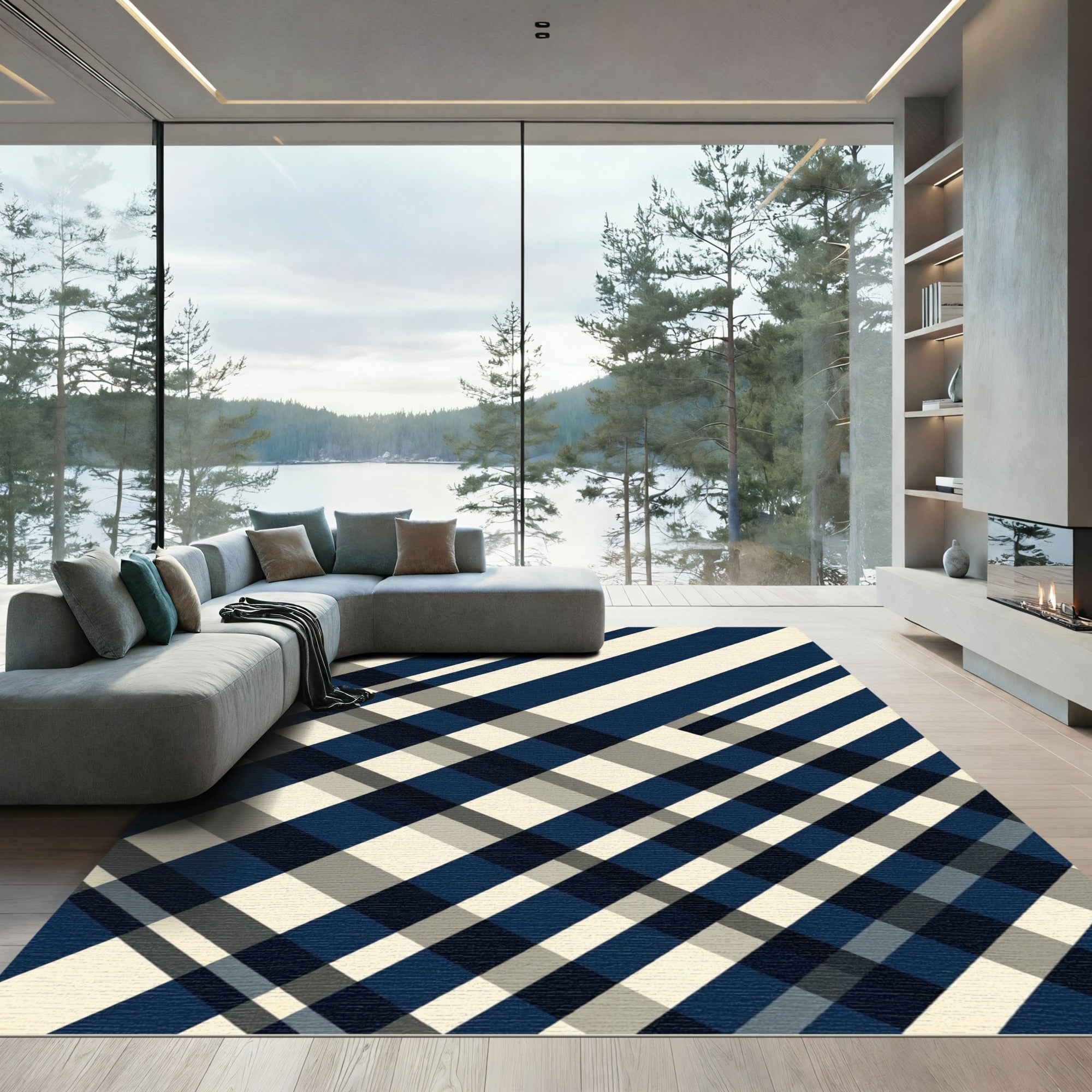 Modern Navy Cream Diagonal Plaid Rug