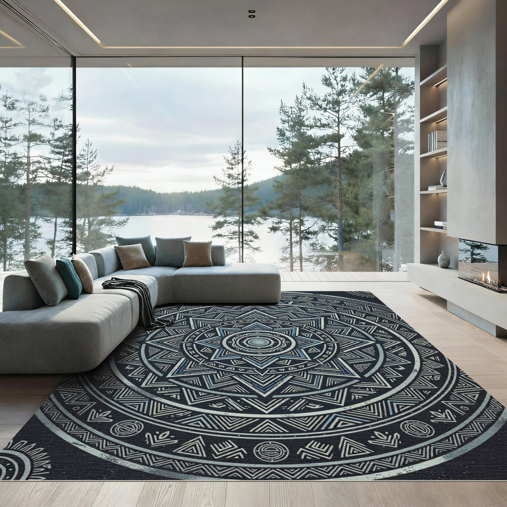 Midnight Blue Geometric Star Mandala Rug