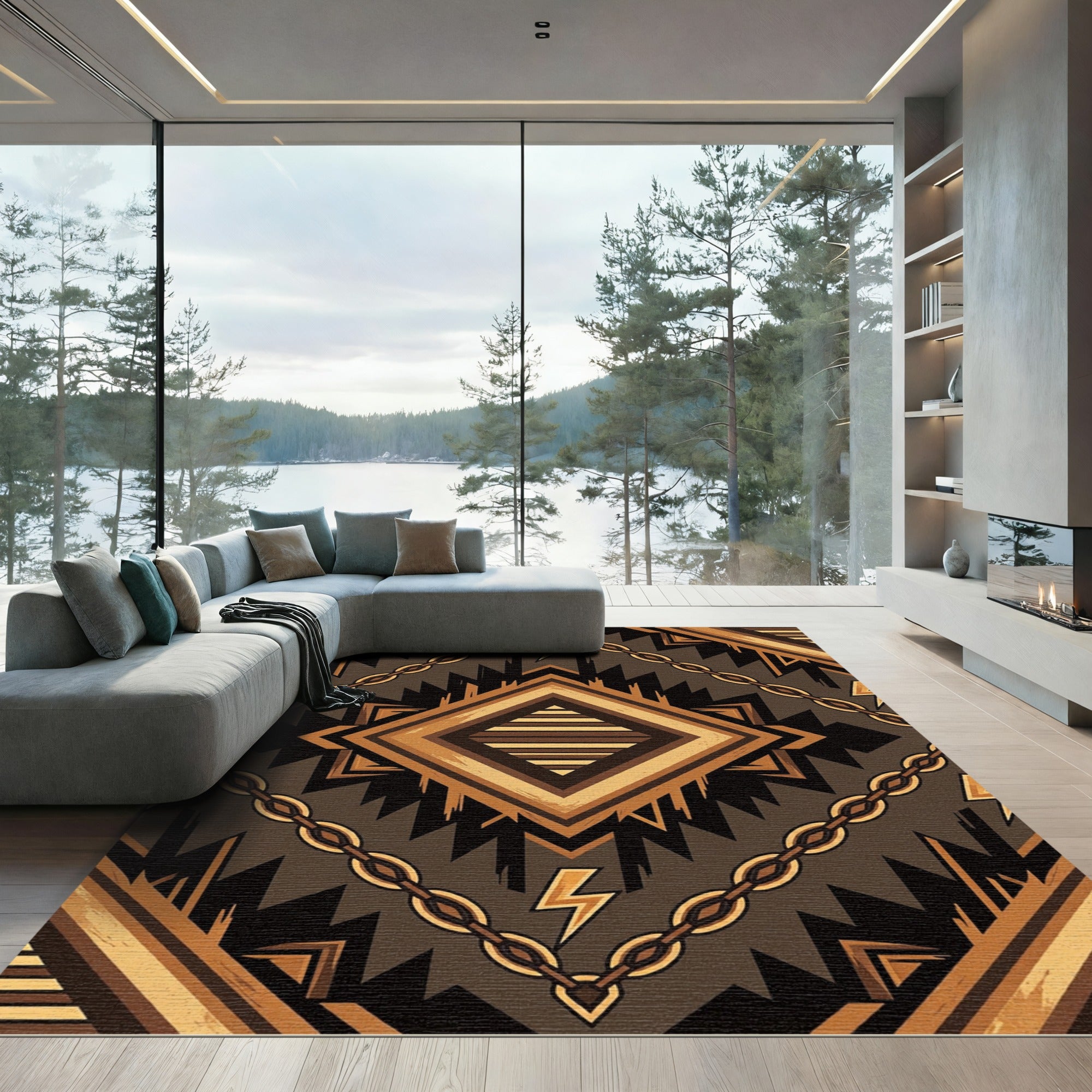 Earthy Geometric Thunderbolt Chain Rug