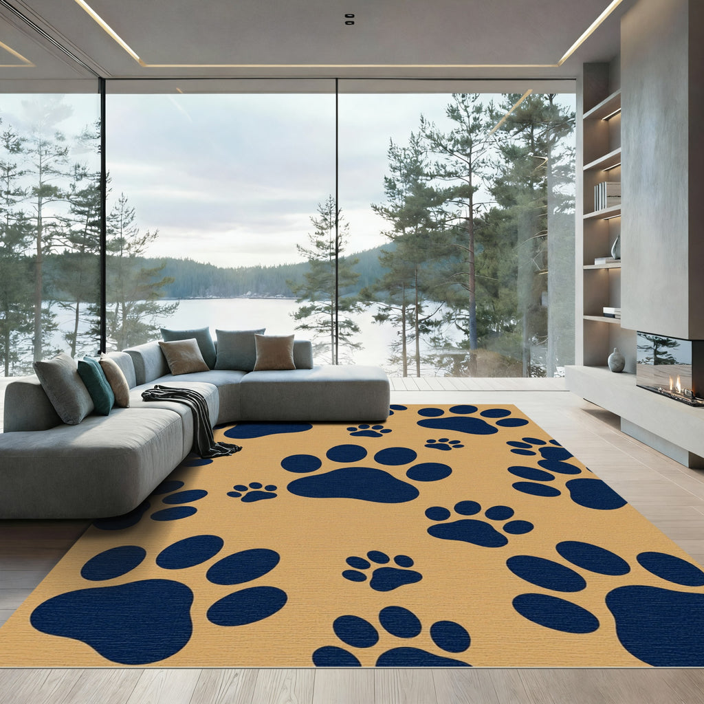 Navy Paw Print Tan Area Rug