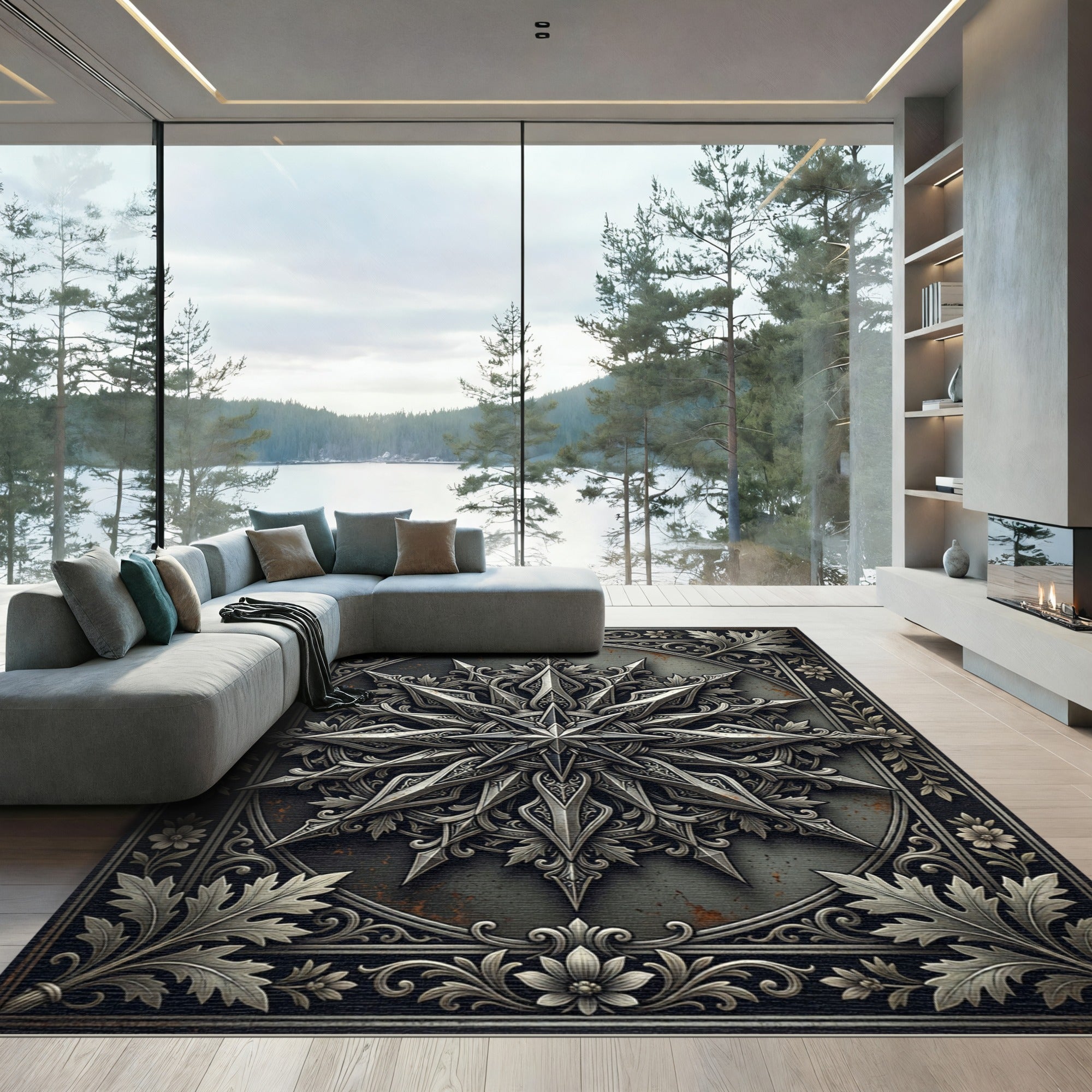 Ornate Silver Star Botanical Medallion Rug