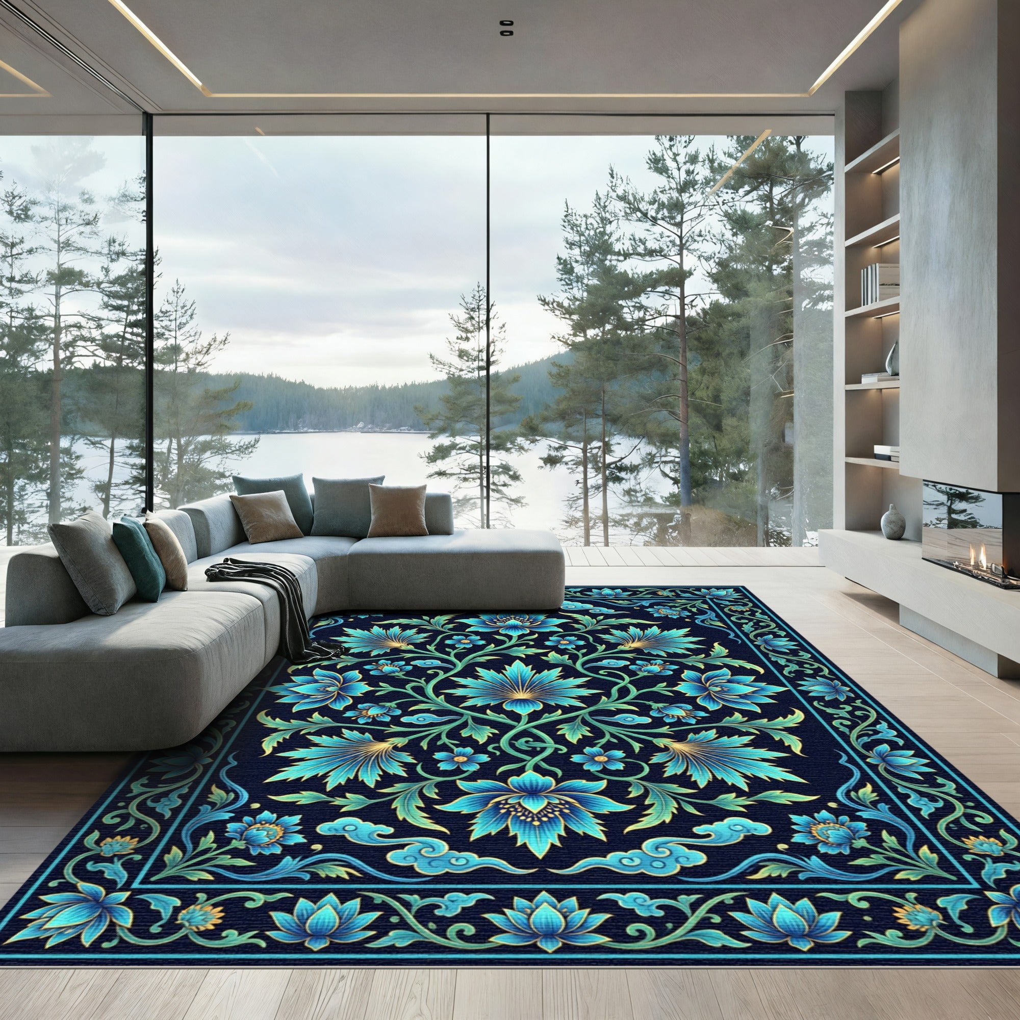 Cerulean Floral Symmetry Deep Azure Rug