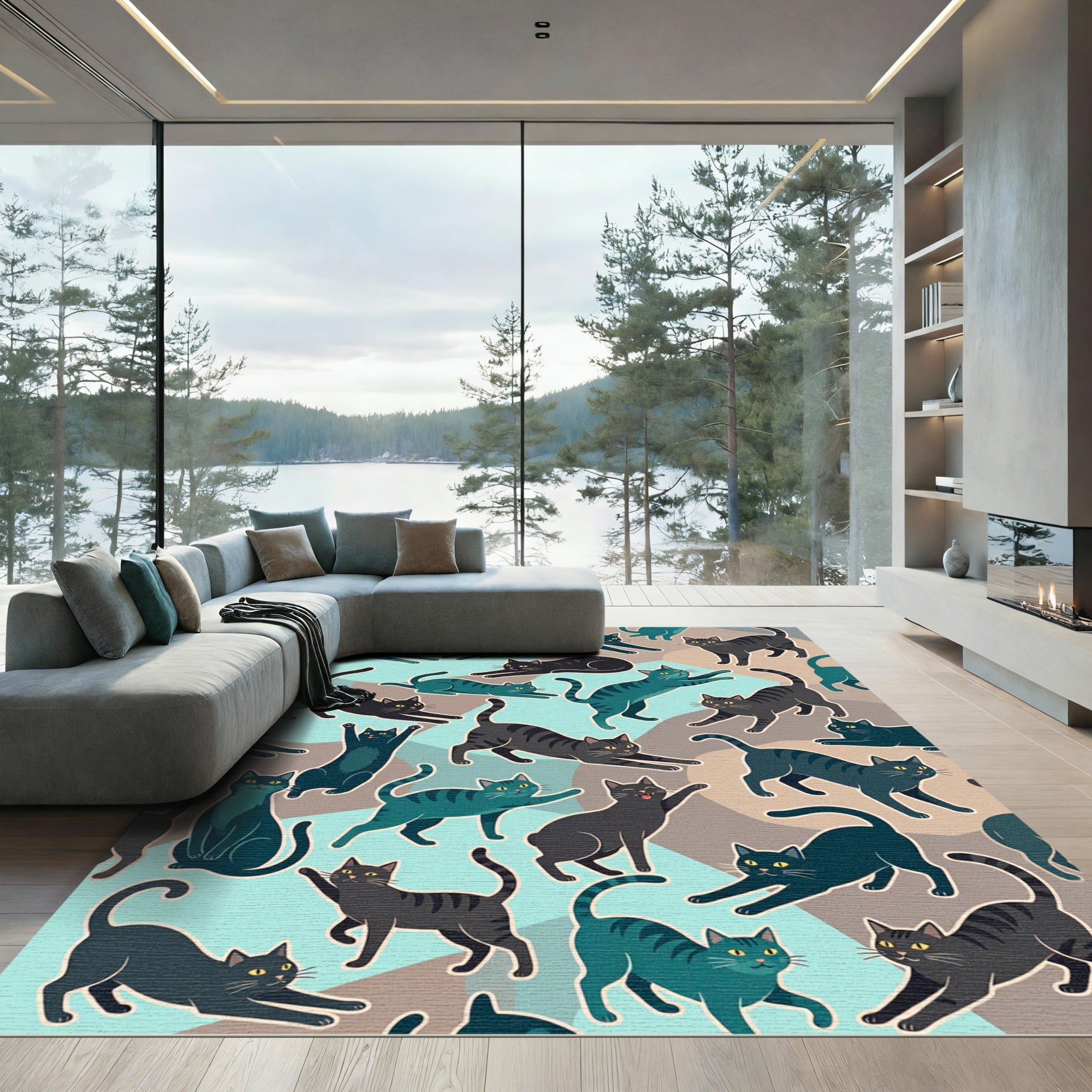 Playful Teal Black Cat Collage Rug