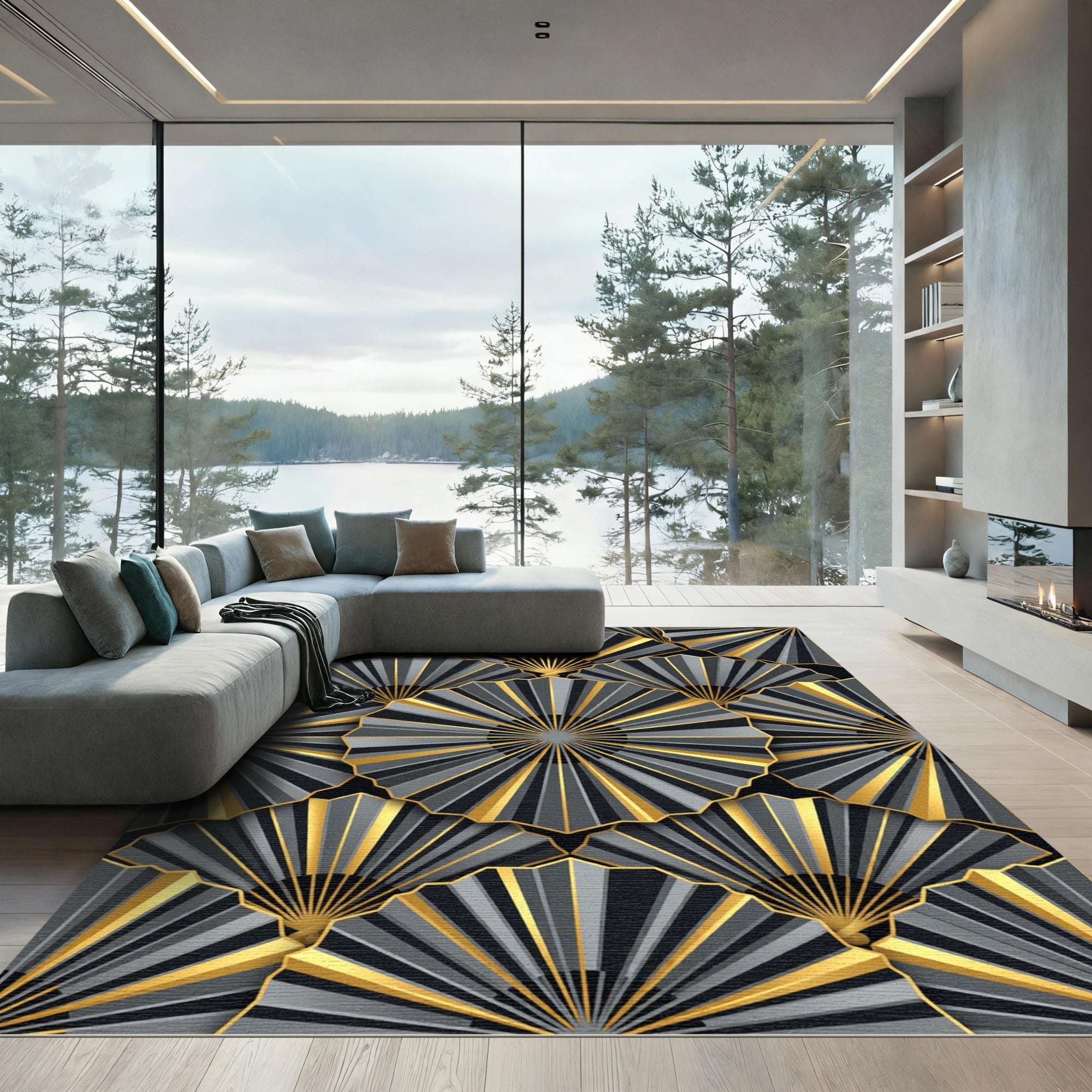 Art Deco Metallic Gold Fan Overlap Rug