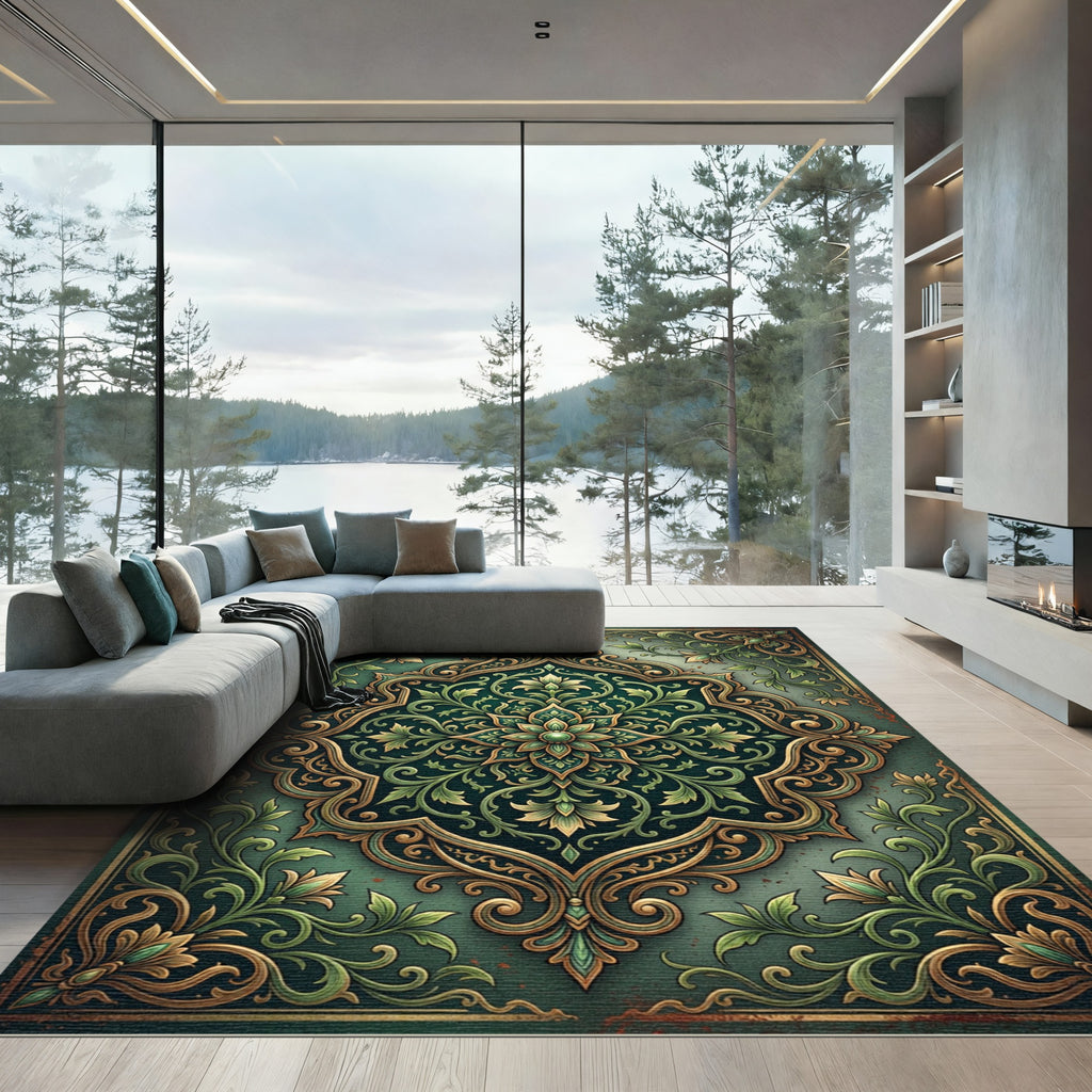 Emerald Gold Floral Arabesque Frame Rug