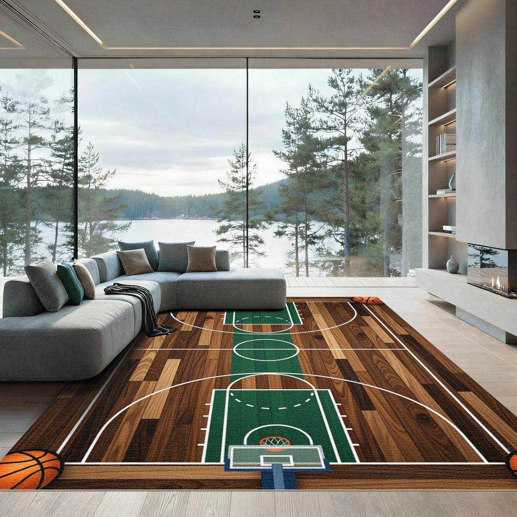 Basketball Court Green Wood Centerpiece Rug