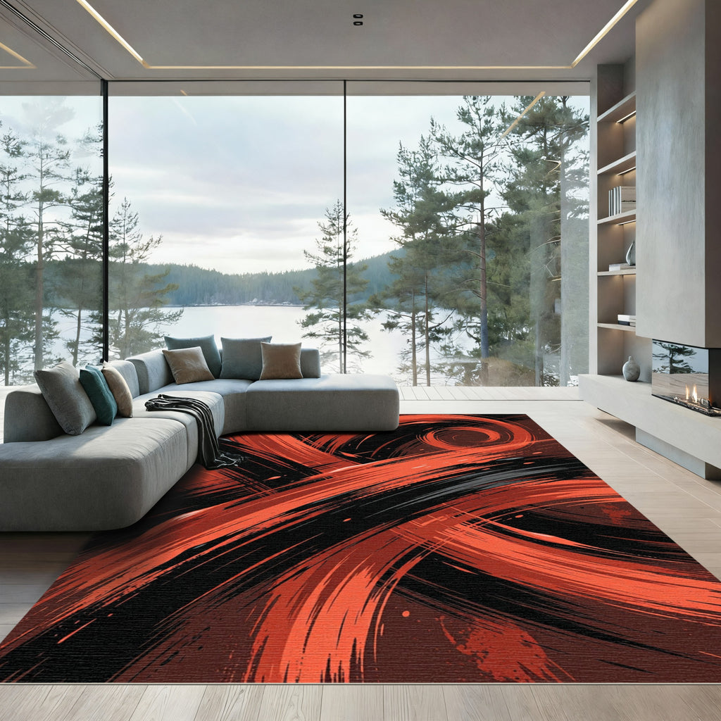 Crimson Swirl Abstract Brushstroke Rug