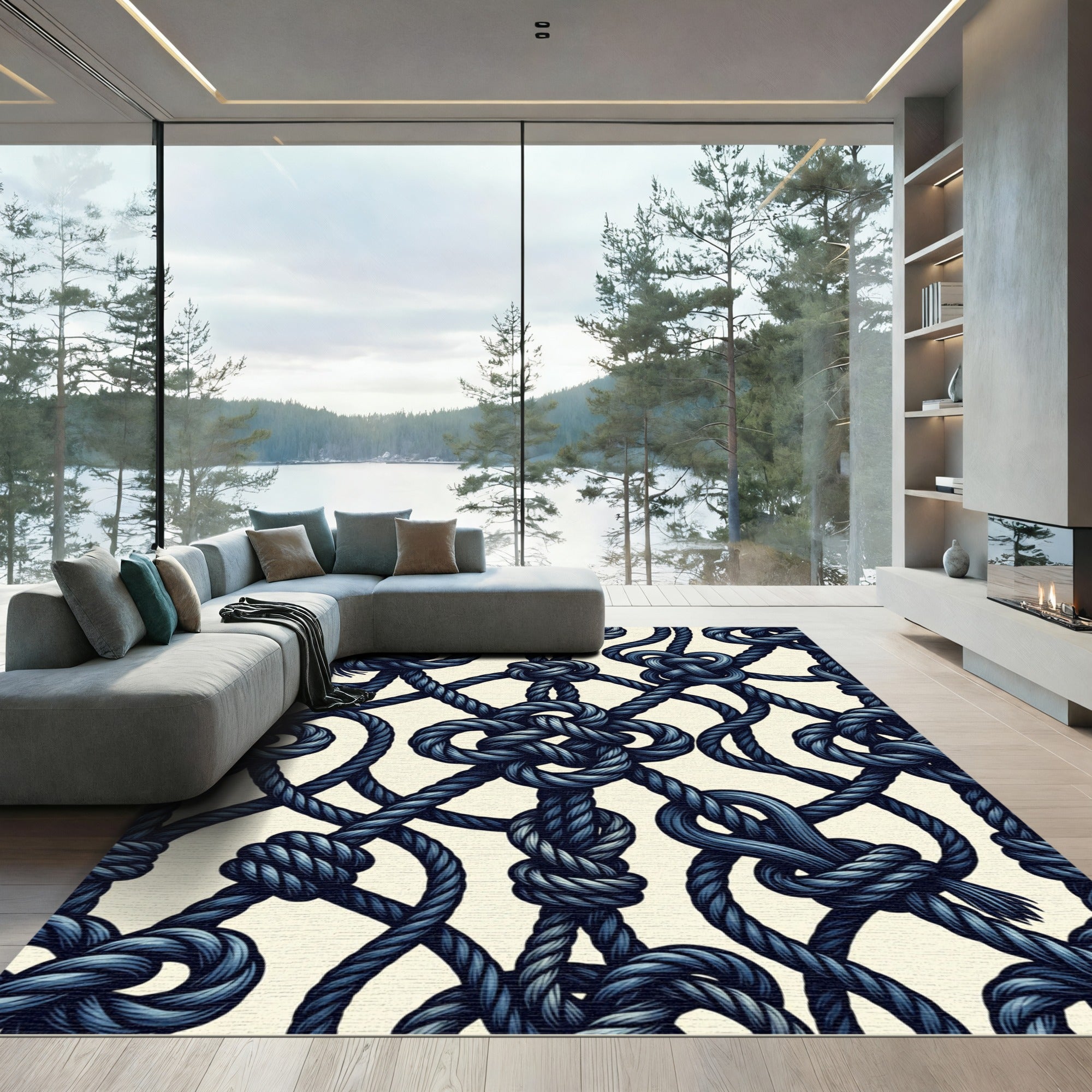 Intricate Navy Nautical Rope Knot Rug