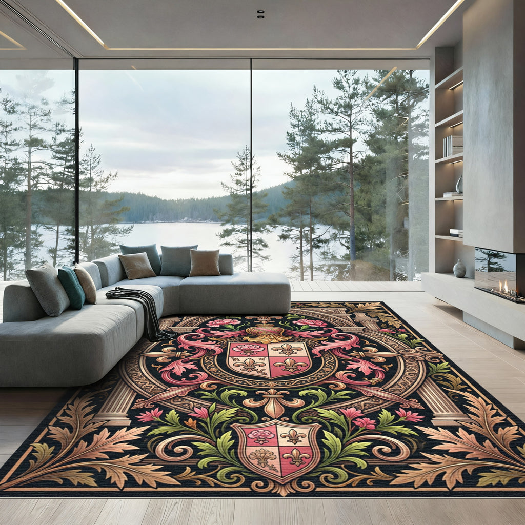 Ornate Pink Floral Crest Emblem Rug