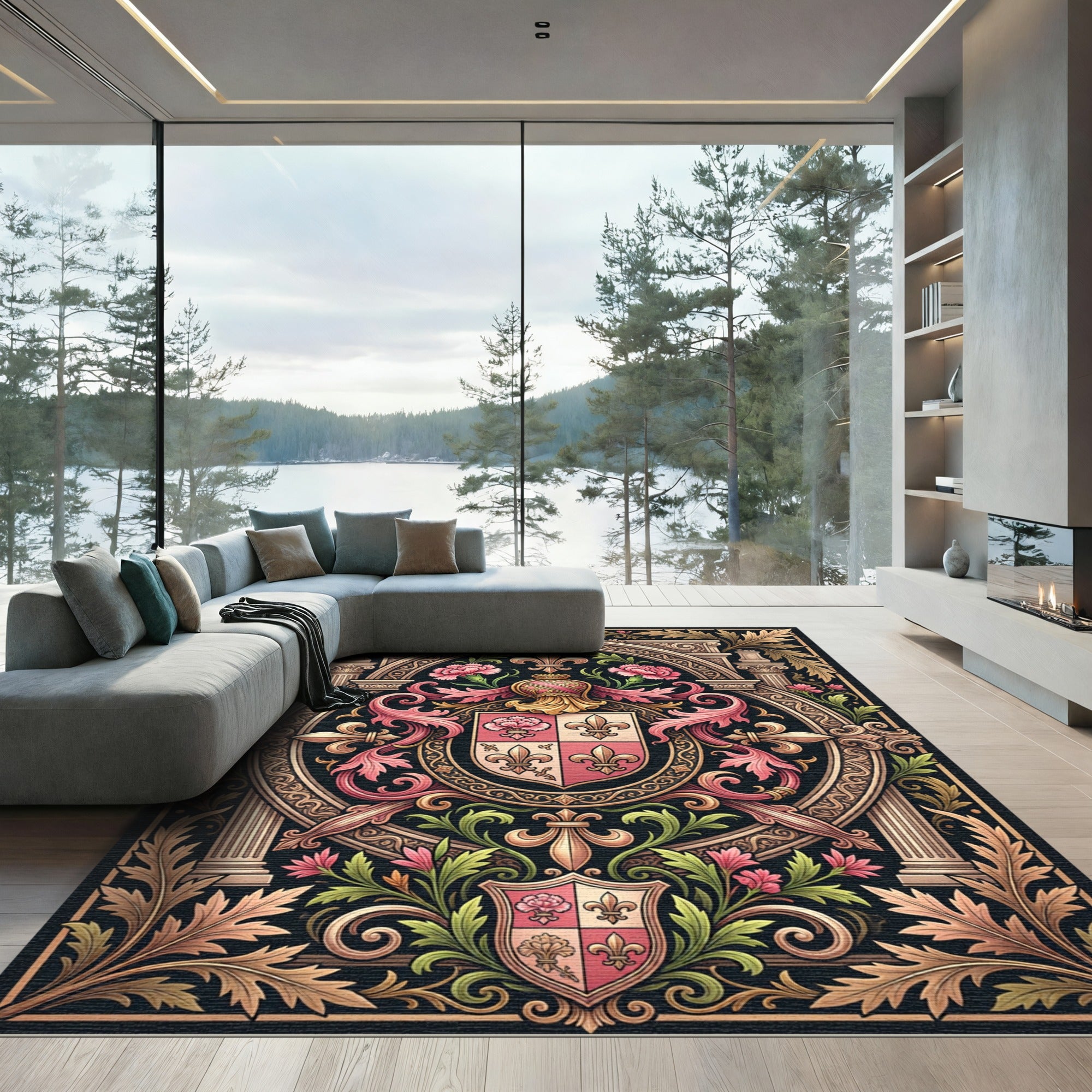 Ornate Pink Floral Crest Emblem Rug