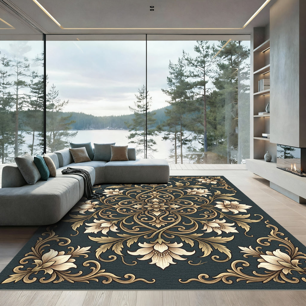 Elegant Gold Floral Damask Charcoal Rug