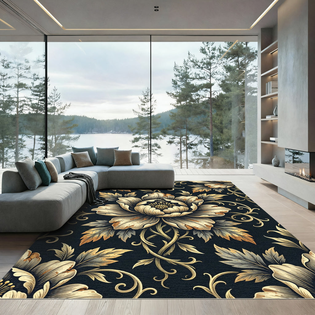 Vintage Gold Floral Black Damask Rug