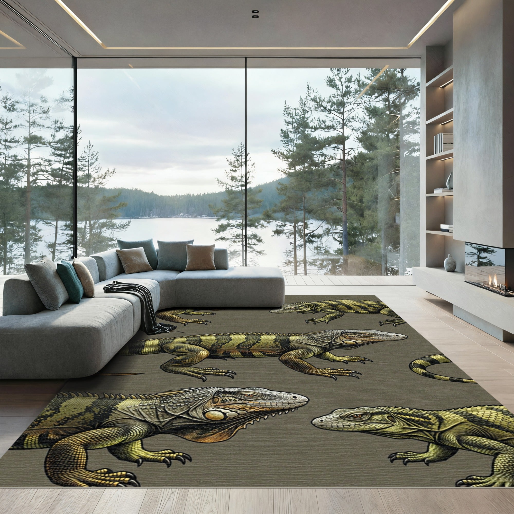 Iguana Tropical Reptile Olive Earth Rug