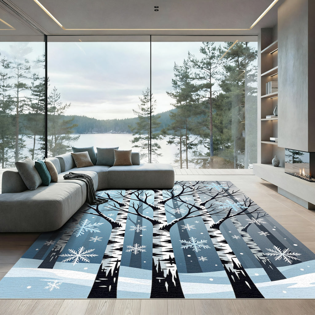 Frosted Birch Forest Winter Snowflake Rug
