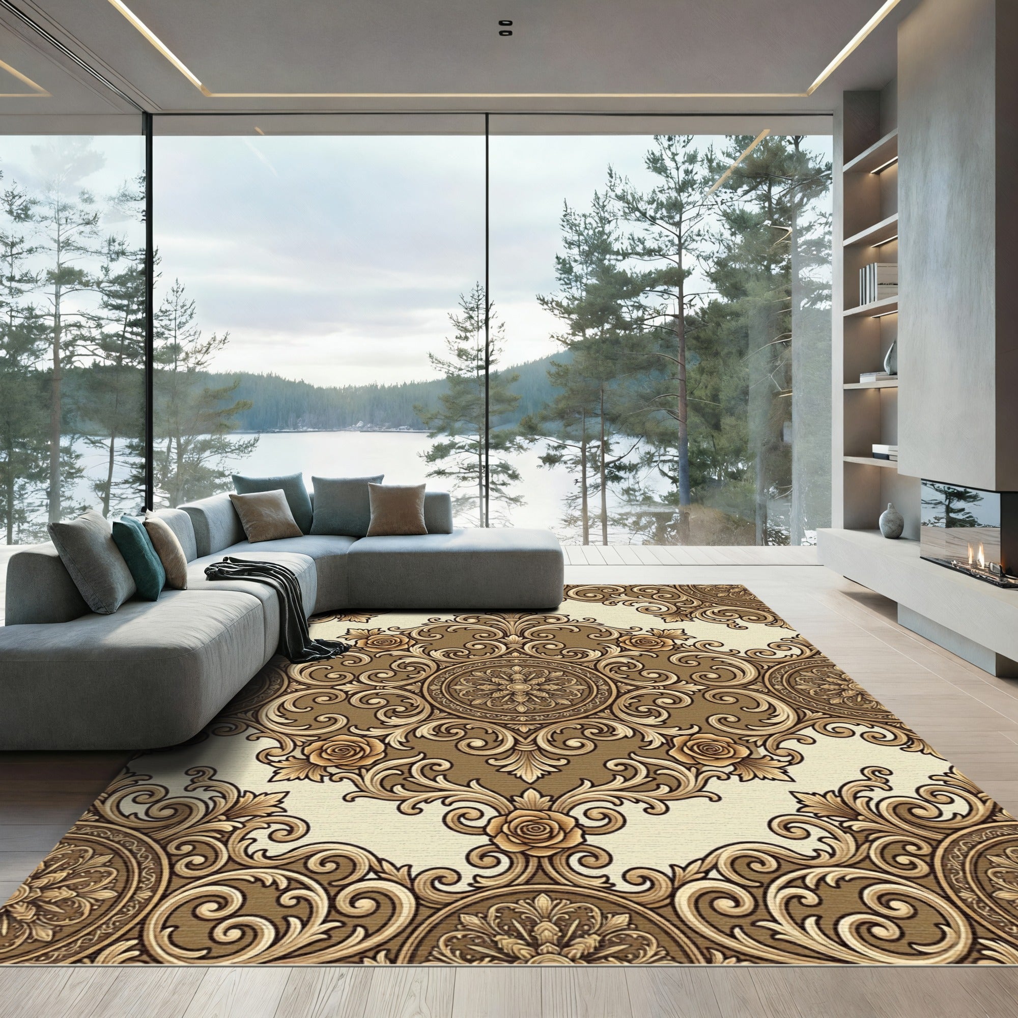 Golden Baroque Rose Scroll Rug