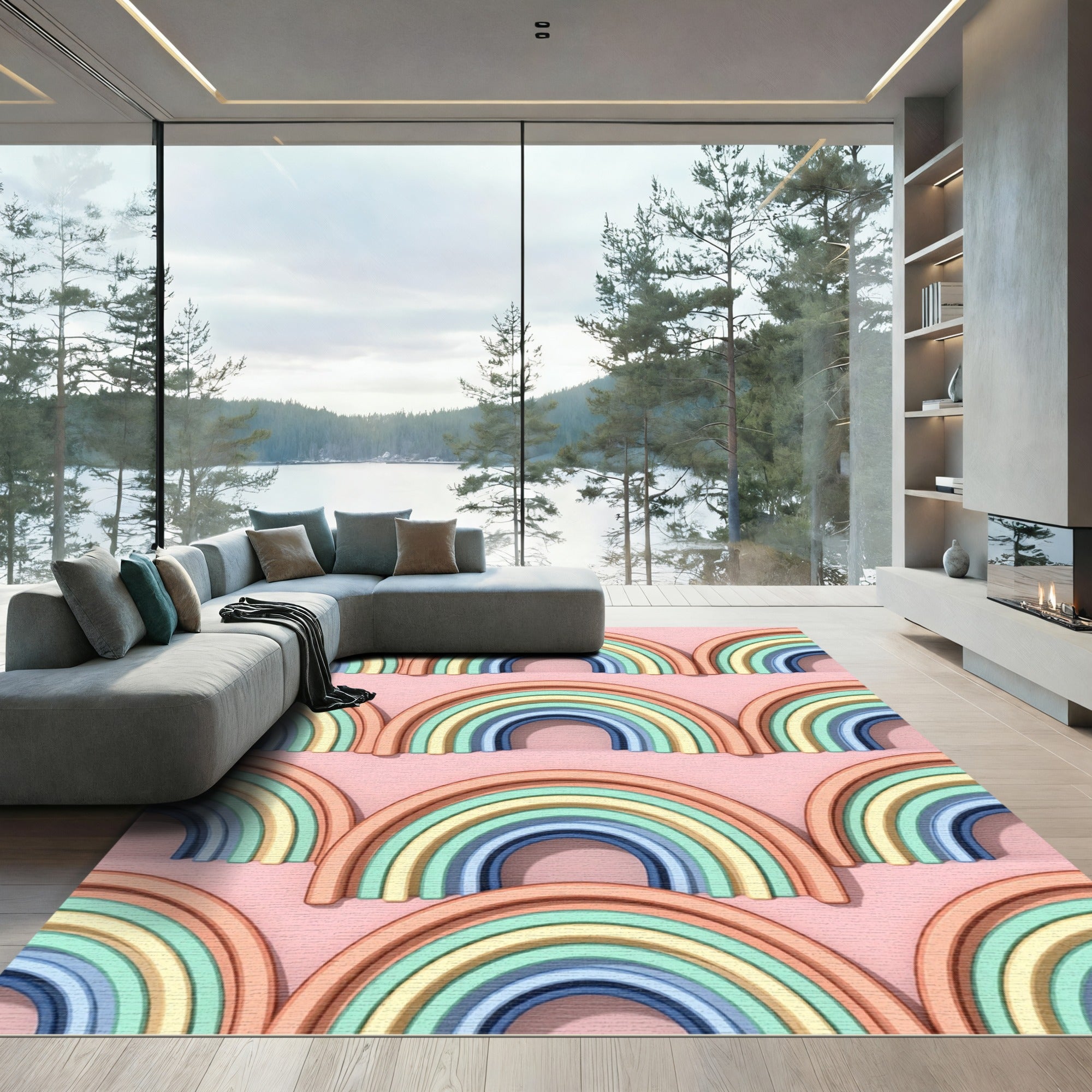 Pastel Rainbow Arch Geometric Arcs Rug