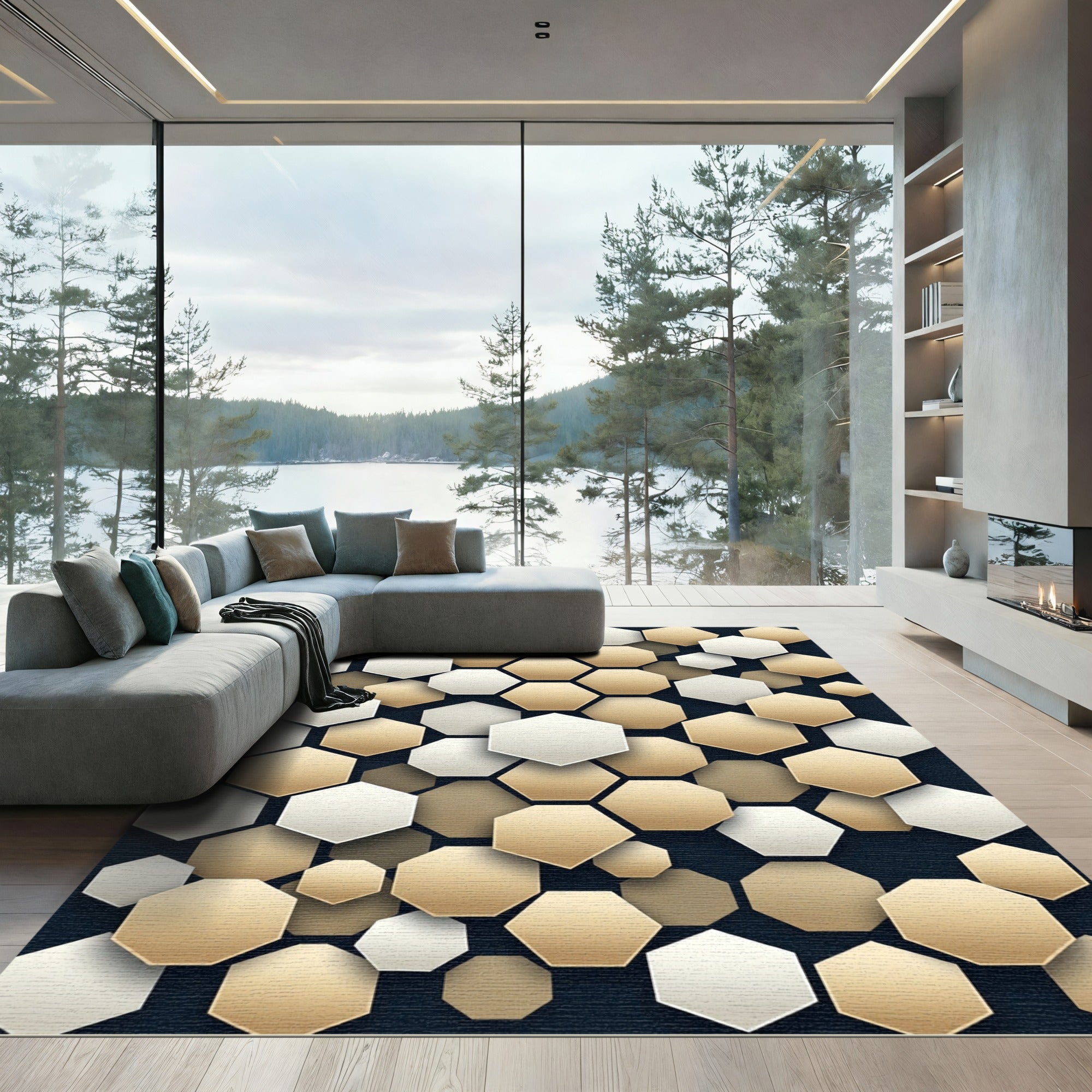 Golden Cream Hexagon Cluster Rug