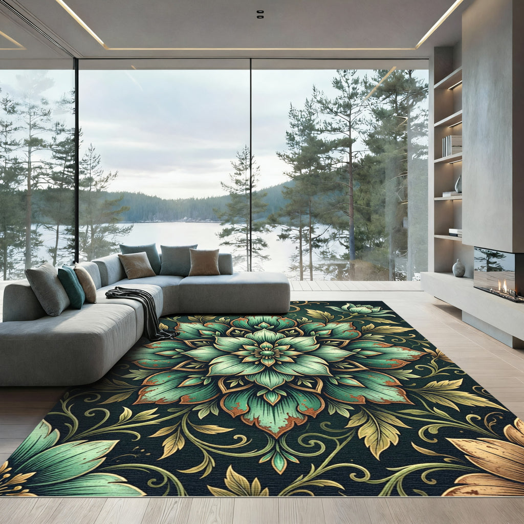 Antique Teal Floral Medallion Scroll Rug