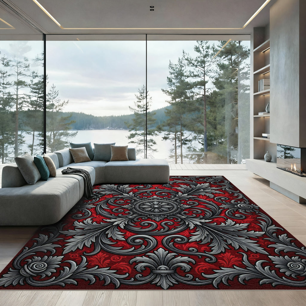 Gothic Crimson Silver Filigree Medallion Rug