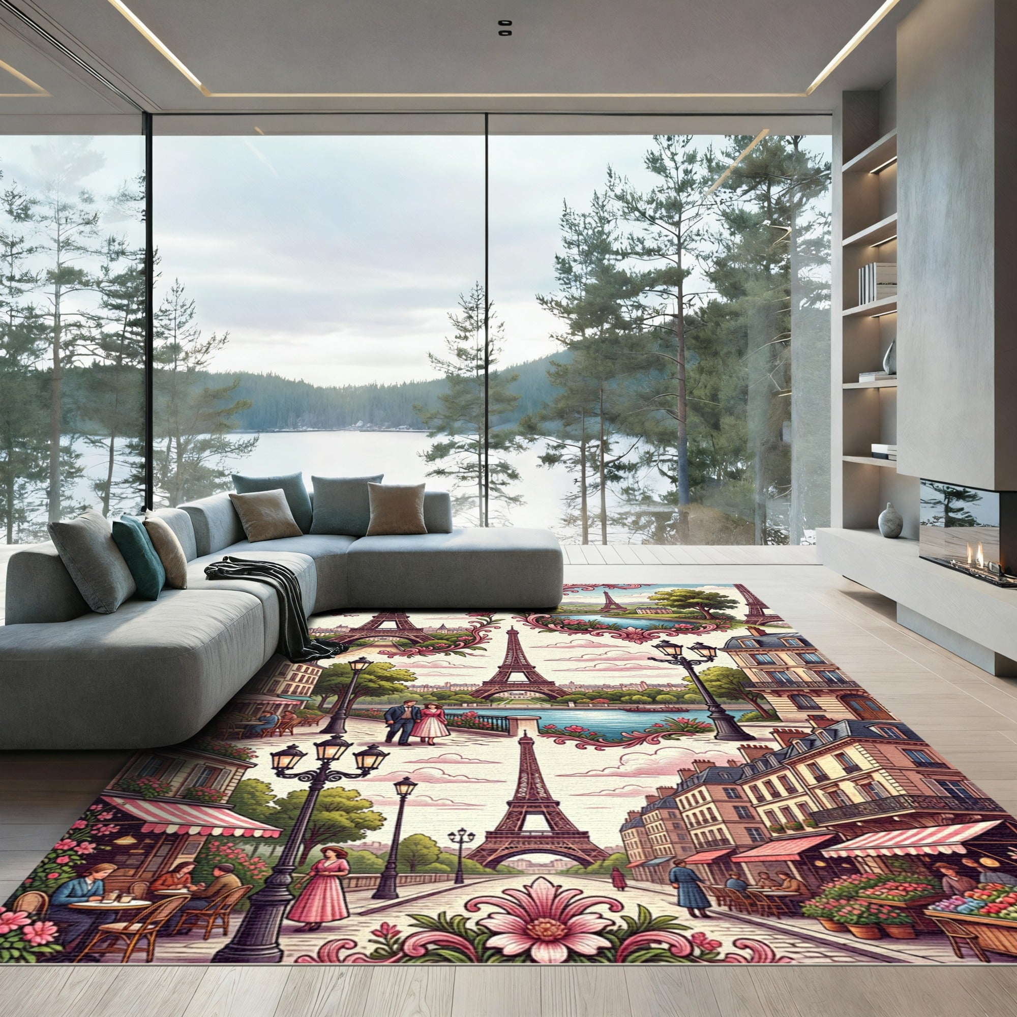 Parisian Eiffel Tower Floral Landscape Rug