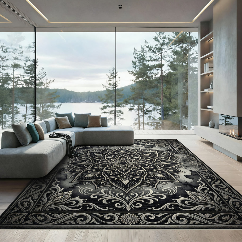 Ornate Charcoal Silver Lotus Medallion Rug