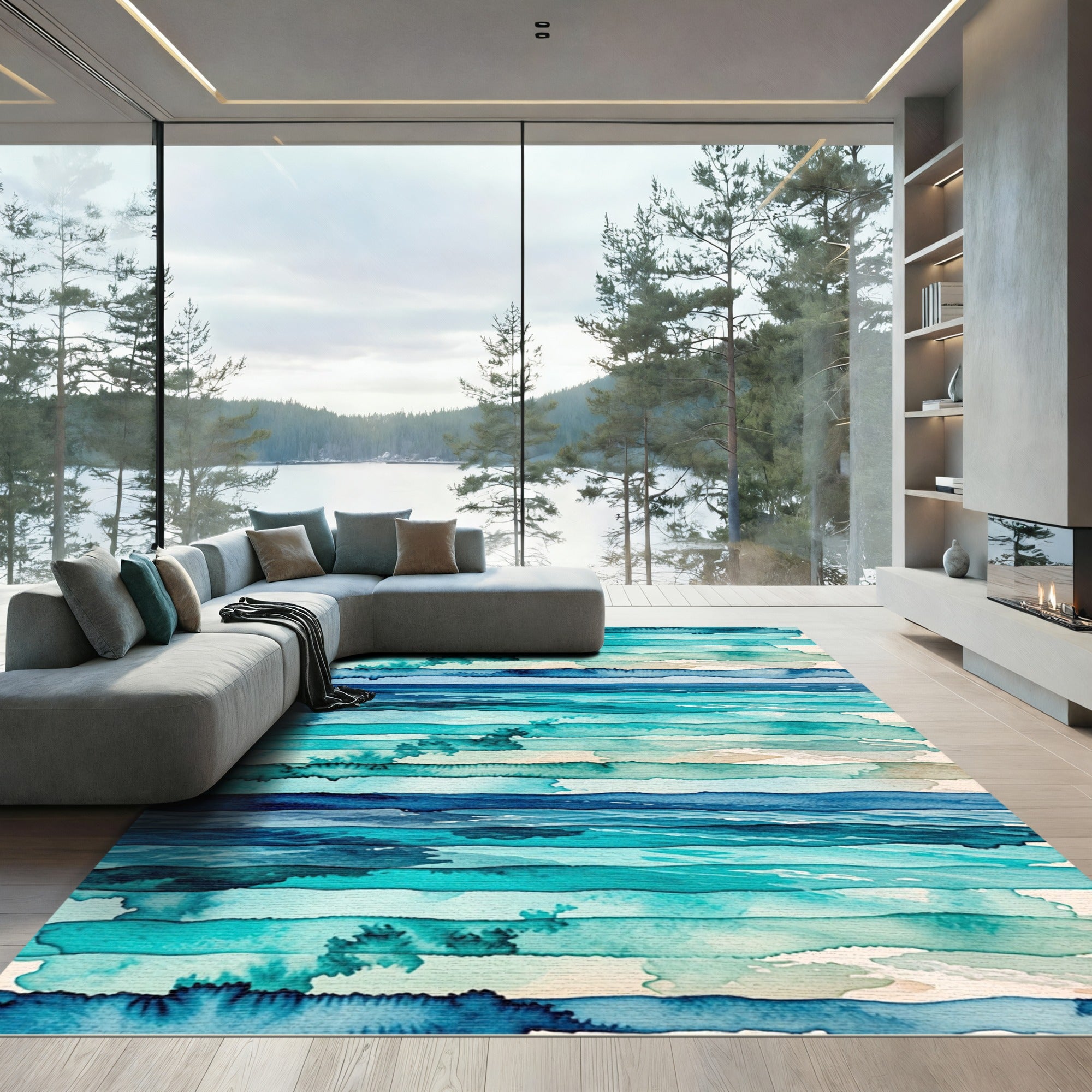 Abstract Blue Ocean Wave Stripe Rug