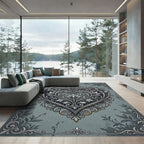 Ornate Silver Filigree Heart Damask Rug