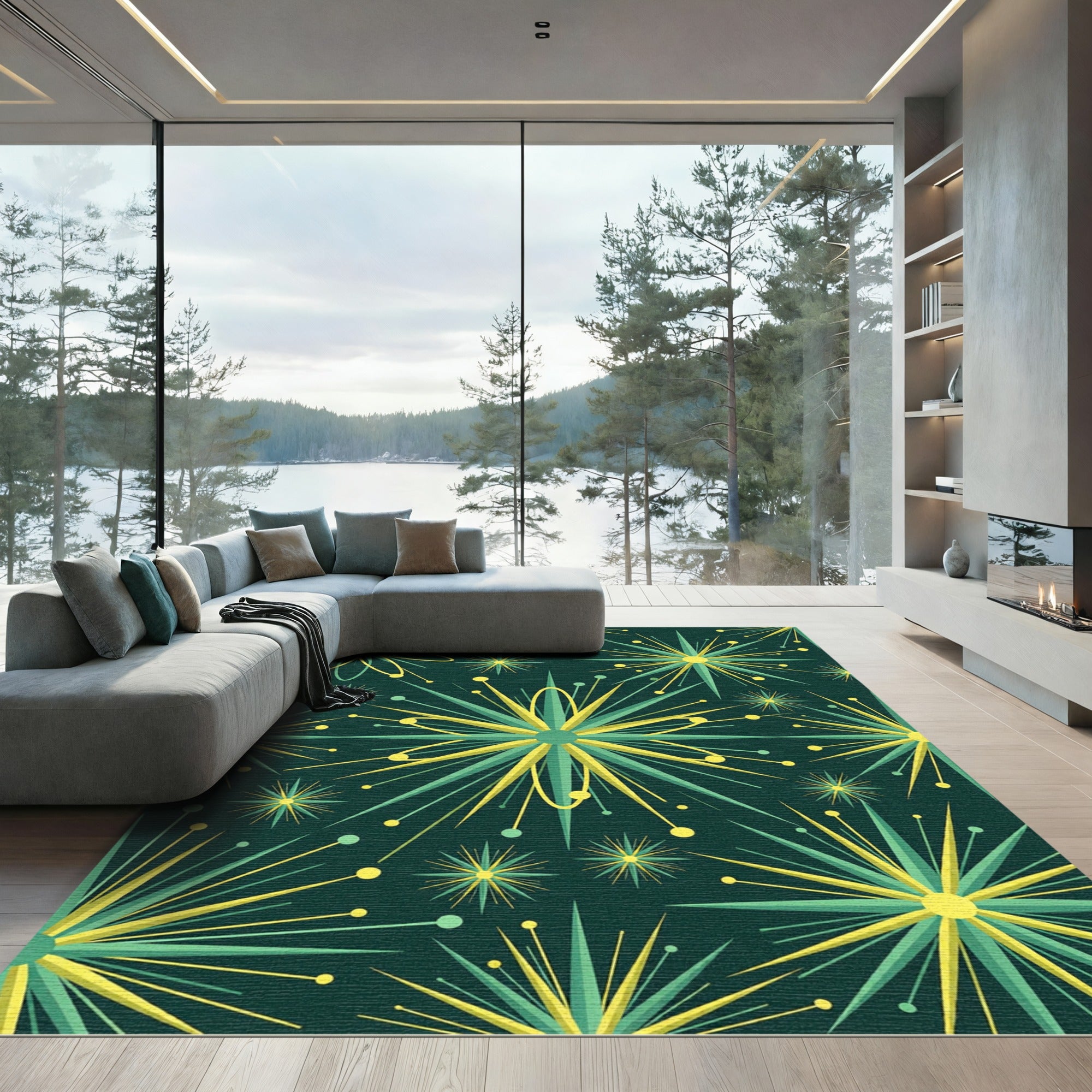 Retro Teal Yellow Starburst Rug