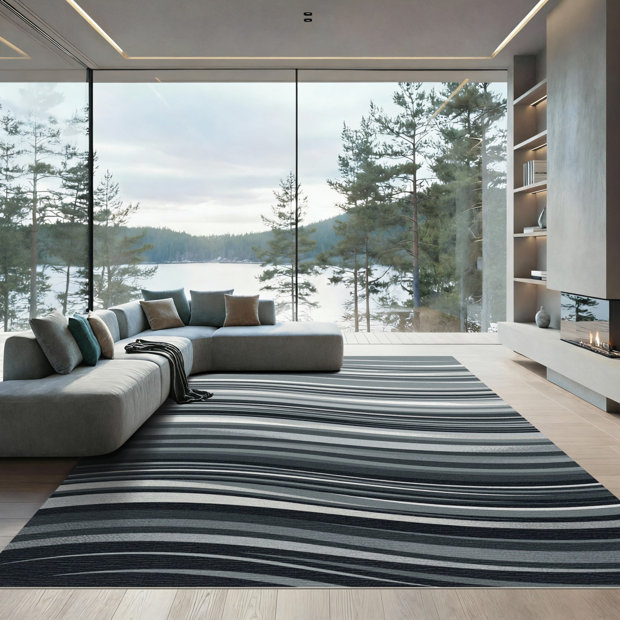Monochromatic Swirl Wave Lines Rug