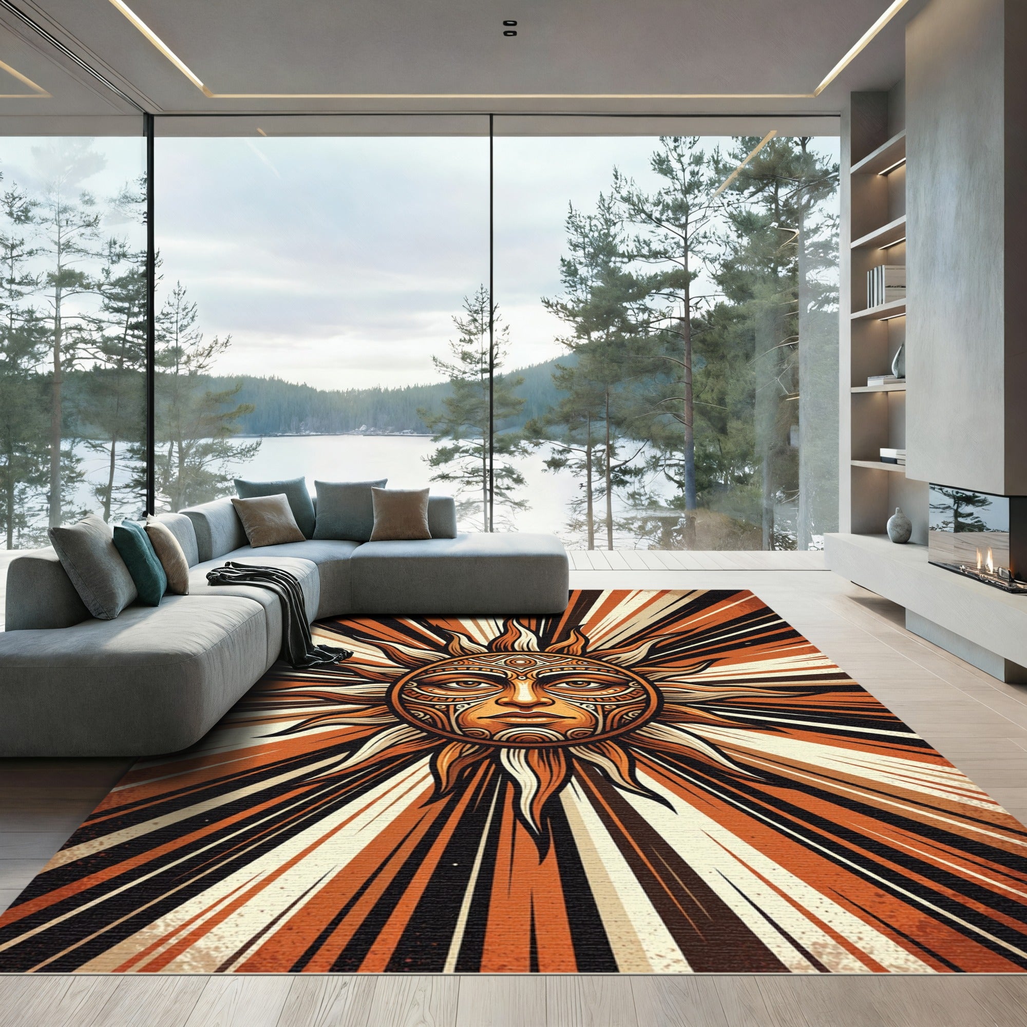 Radiant Amber Sunburst Ancient Face Rug