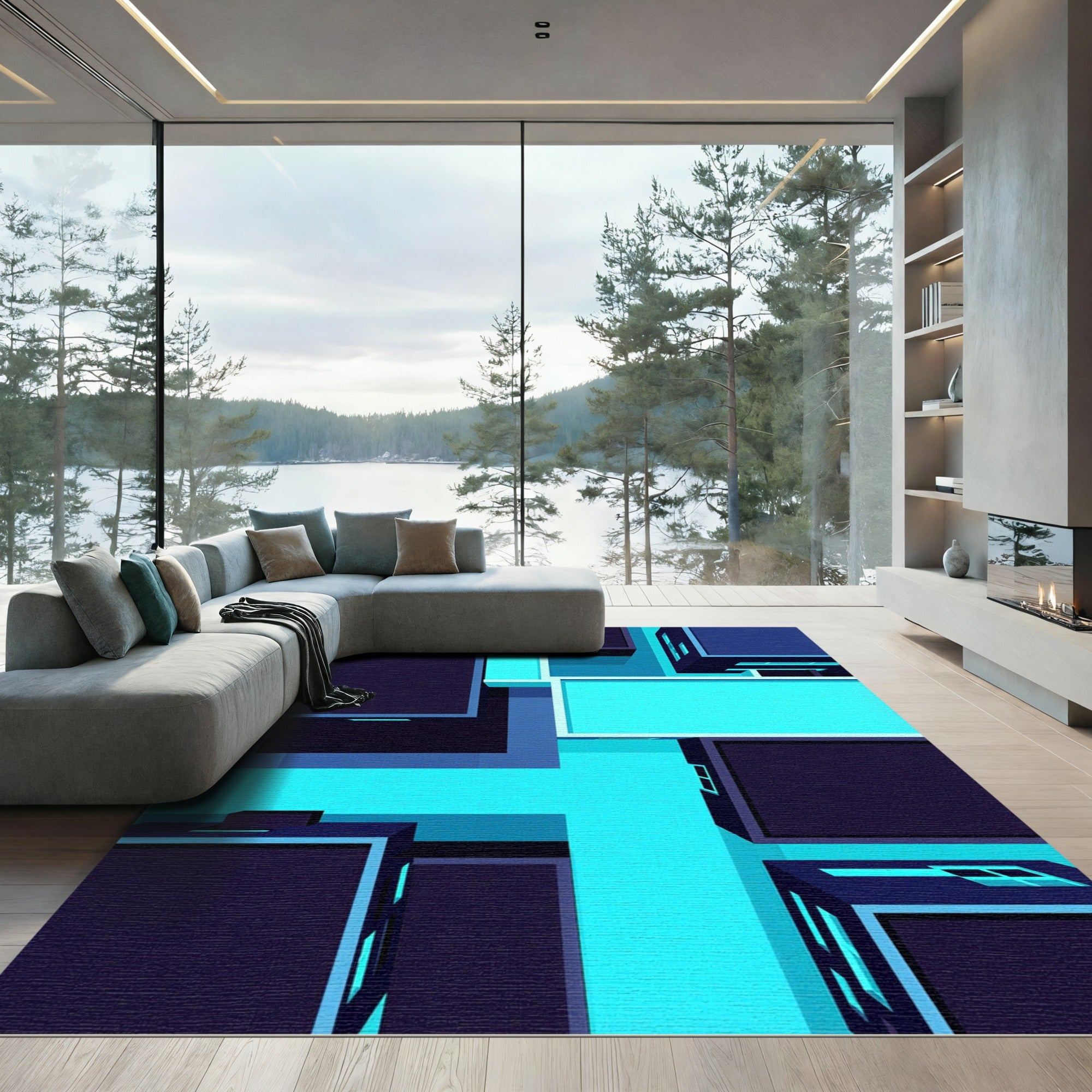 Deep Teal Abstract Cubic Structure Rug